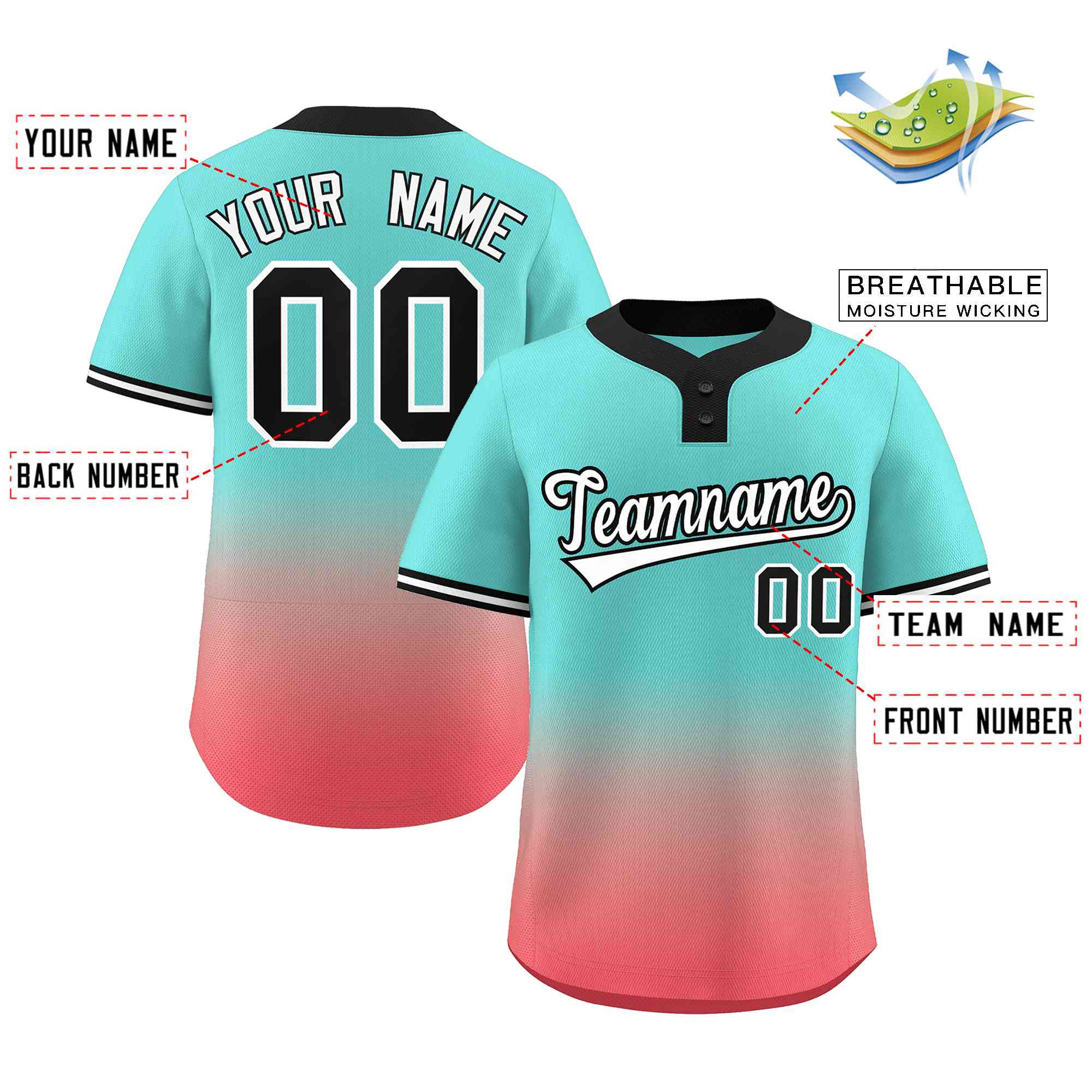 Custom Aqua Light Red White-Black Gradient Fashion Authentic Two-Button Baseball Jersey