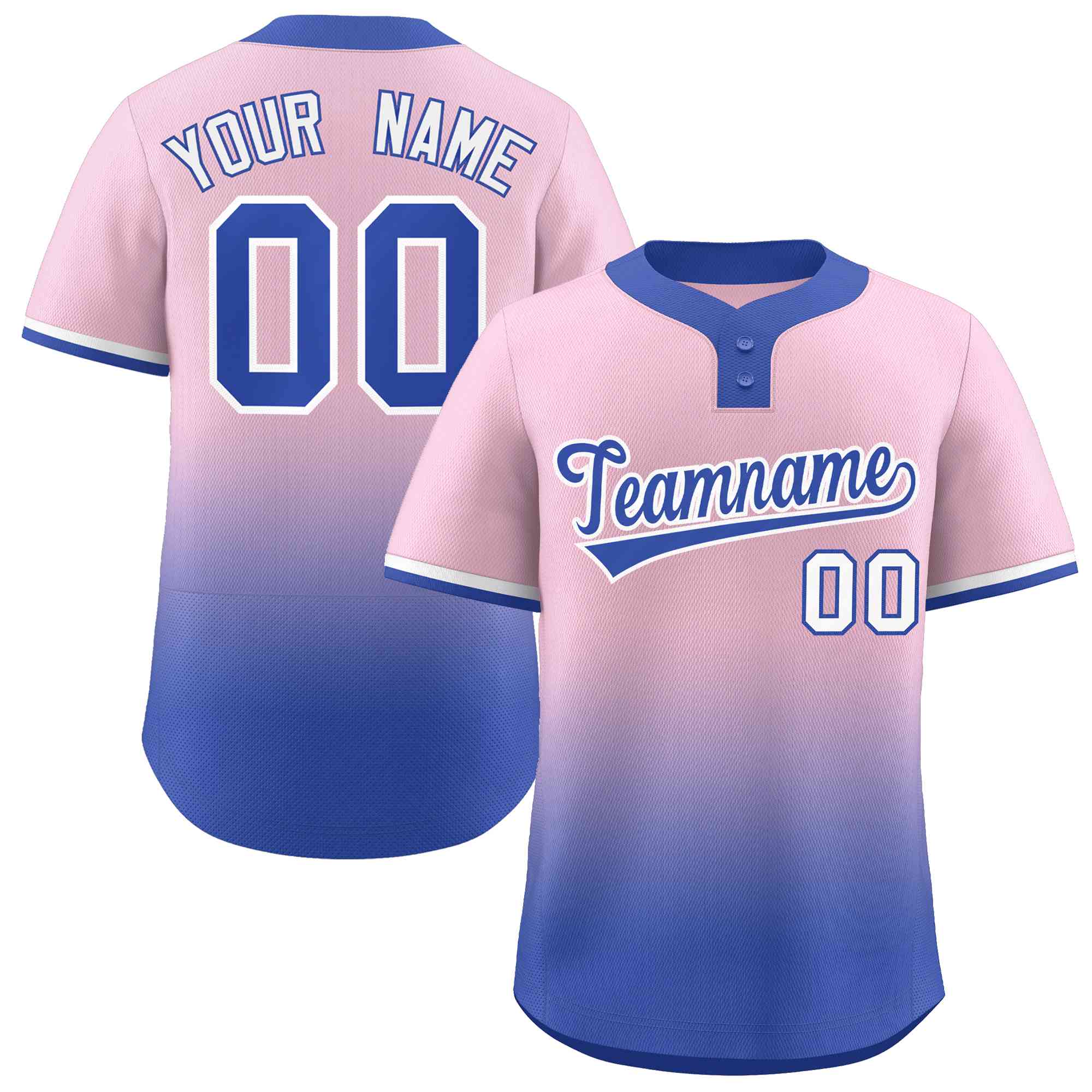 Maillot de baseball personnalisé à deux boutons, rose clair Royal Royal-blanc dégradé, mode authentique