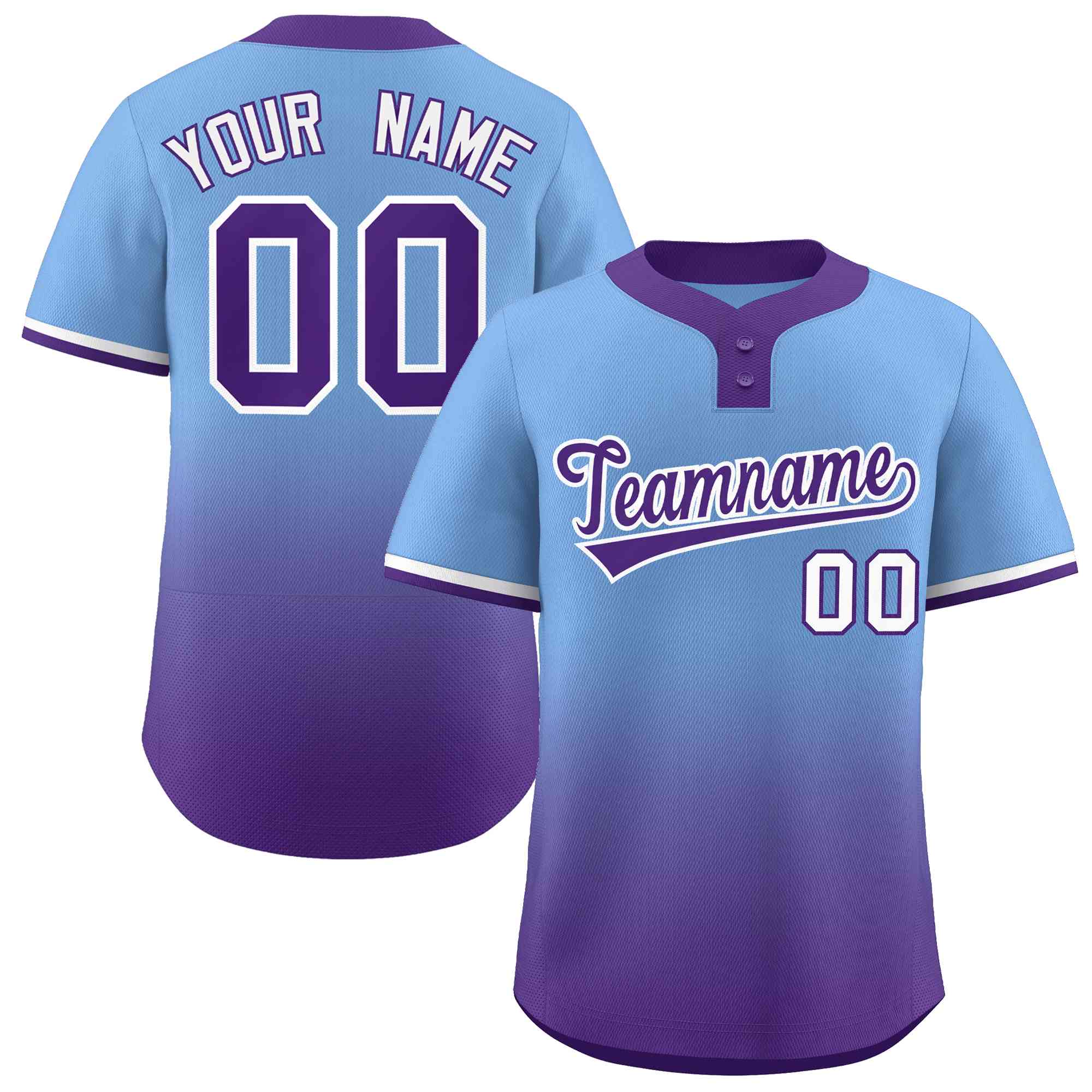 Maillot de baseball personnalisé à deux boutons, personnalisé, bleu clair, violet, violet, blanc, dégradé, mode authentique