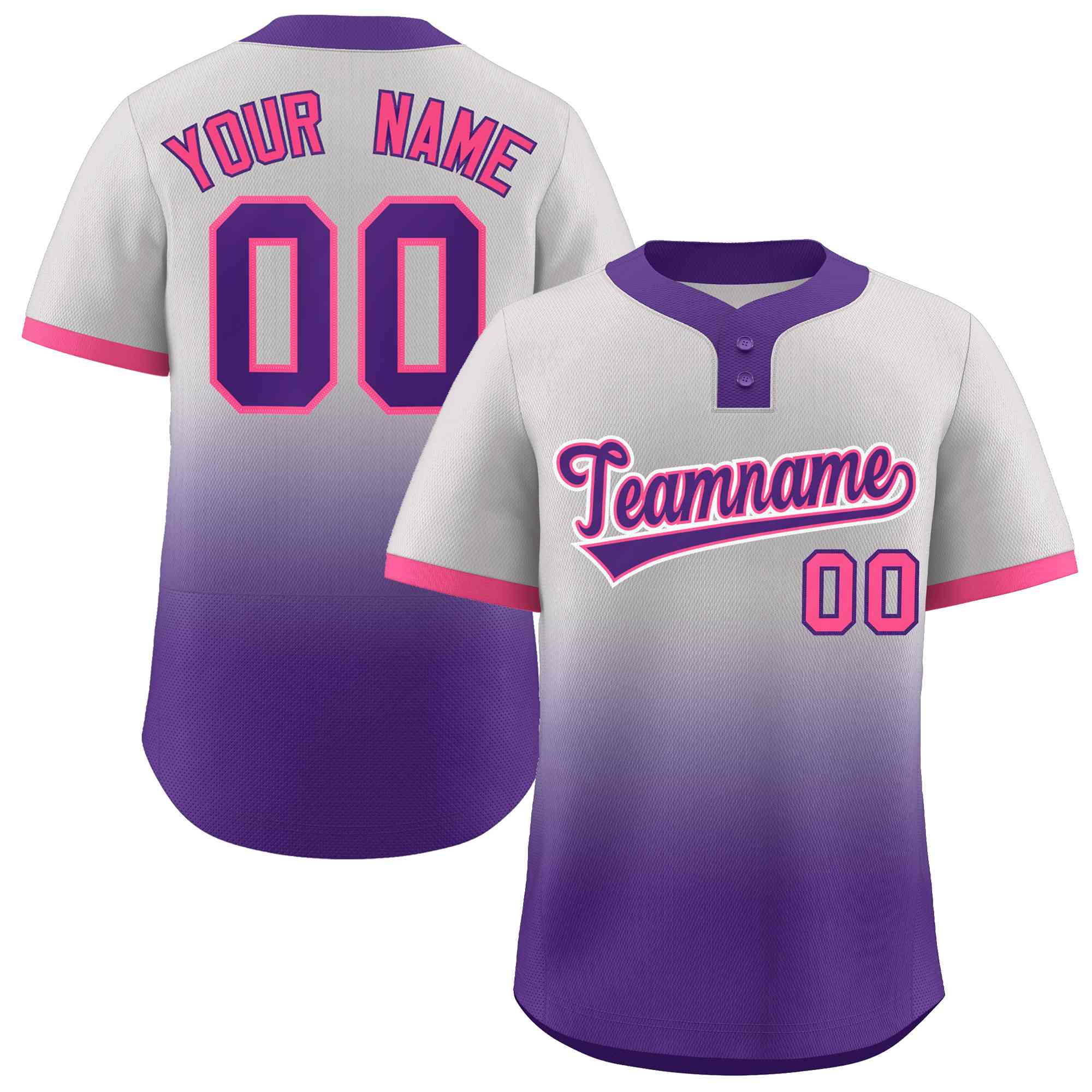 Maillot de baseball personnalisé à deux boutons, gris violet violet-rose dégradé, mode authentique