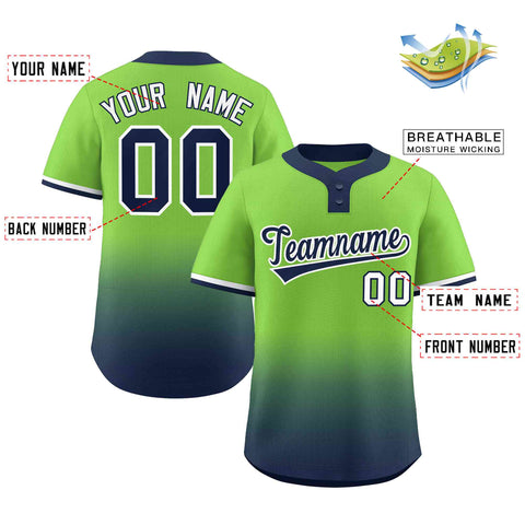 Custom Neon Green Navy Navy-White Gradient Fashion Authentic Two-Button Baseball Jersey