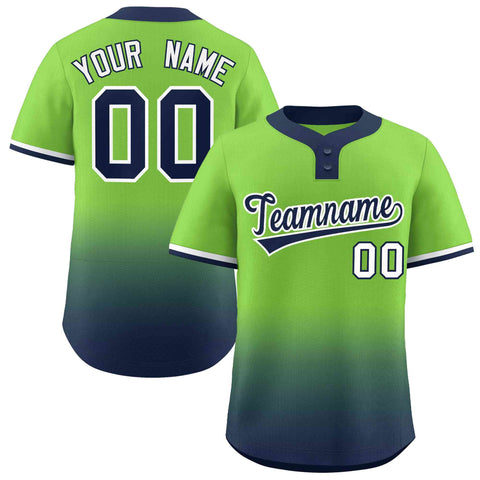 Custom Neon Green Navy Navy-White Gradient Fashion Authentic Two-Button Baseball Jersey