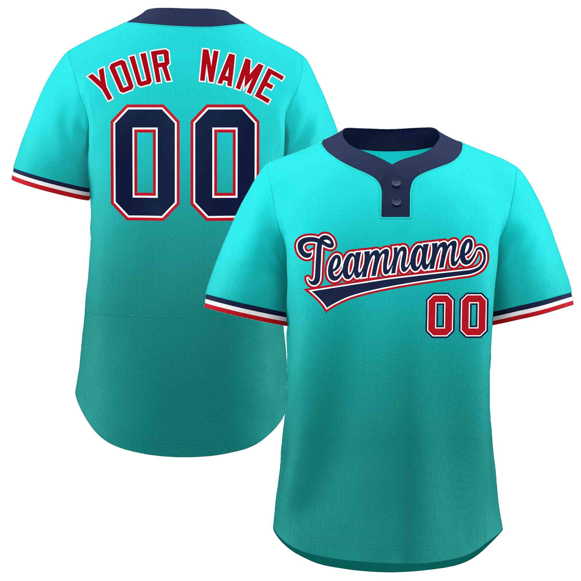 Maillot de baseball personnalisé à deux boutons, vert clair, bleu marine et blanc, dégradé, authentique, à la mode