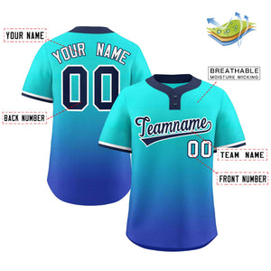 Maillot de baseball personnalisé à deux boutons, personnalisé, Aqua Royal Navy-blanc dégradé, mode authentique