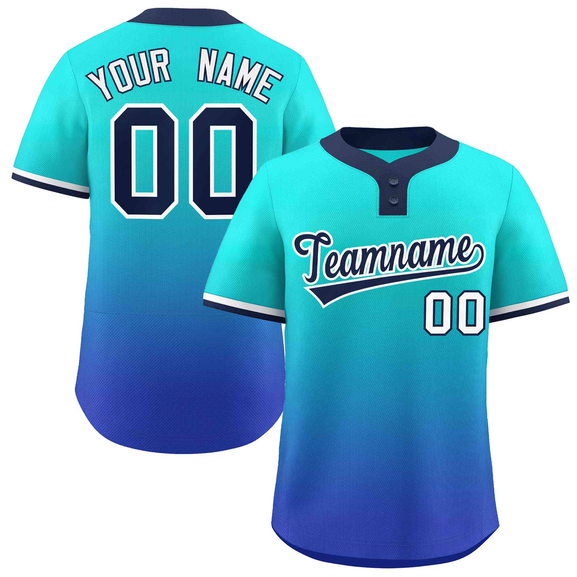 Maillot de baseball personnalisé à deux boutons, personnalisé, Aqua Royal Navy-blanc dégradé, mode authentique