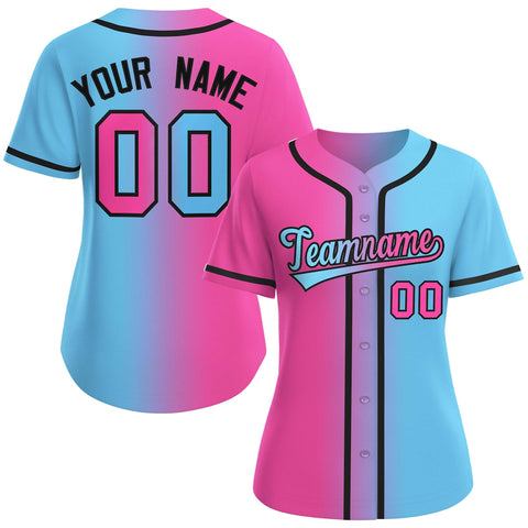Custom Pink Light Blue-Black Gradient Fashion Baseball Jersey For Women