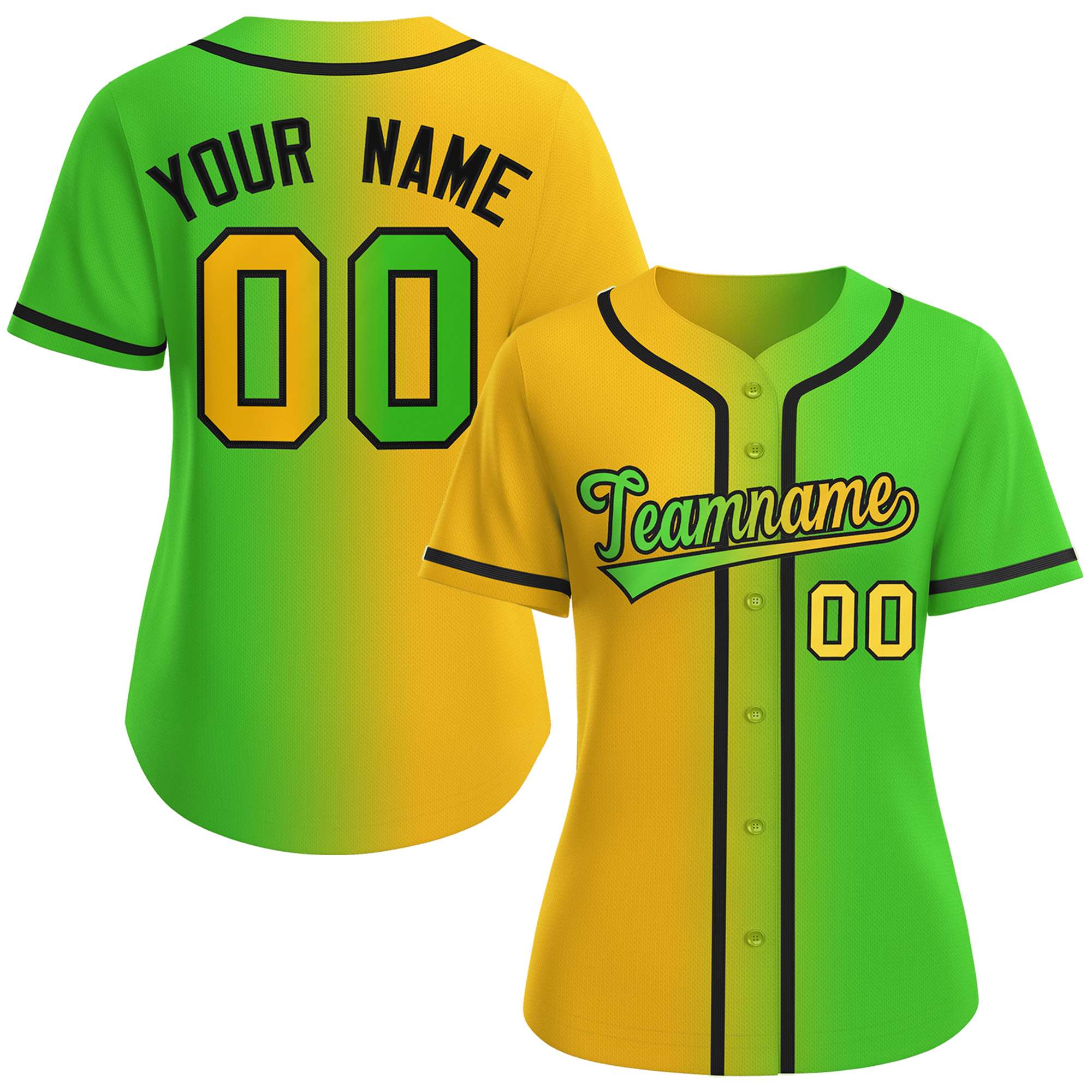 Maillot de baseball à la mode dégradé vert-noir doré personnalisé pour femmes