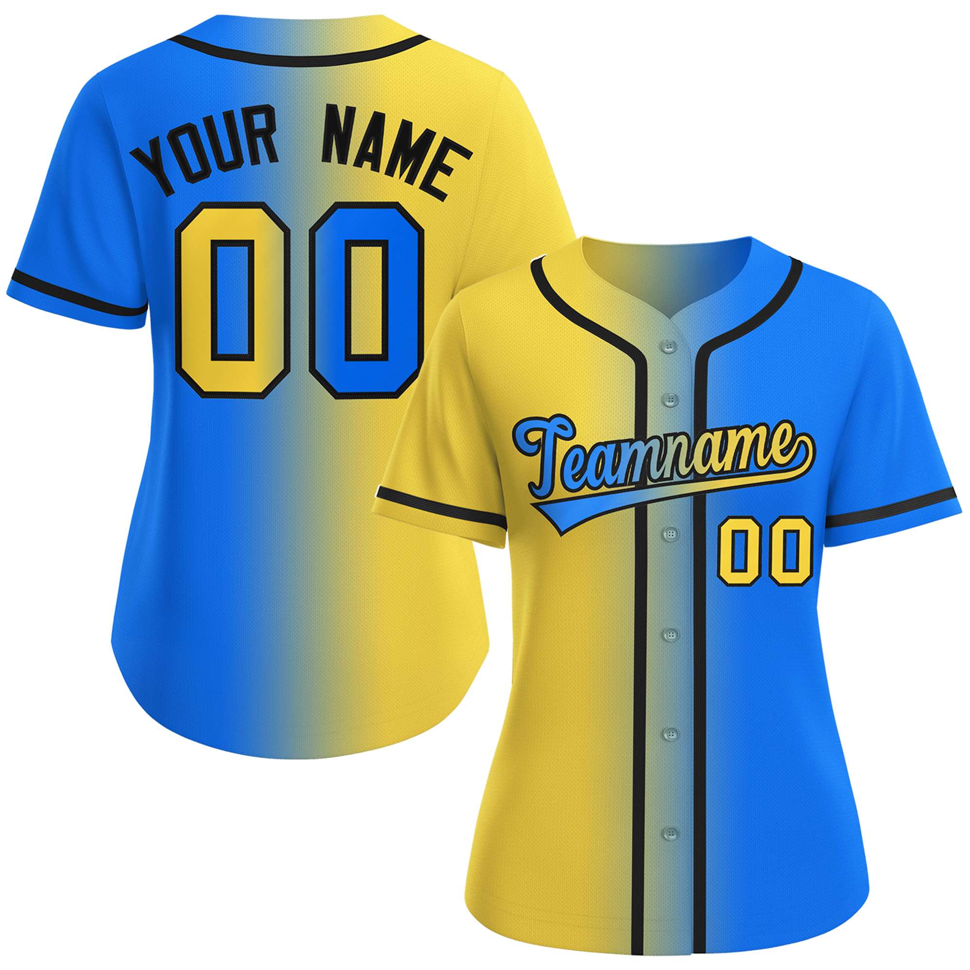 Maillot de baseball personnalisé à la mode, dégradé bleu clair-noir doré, pour femmes