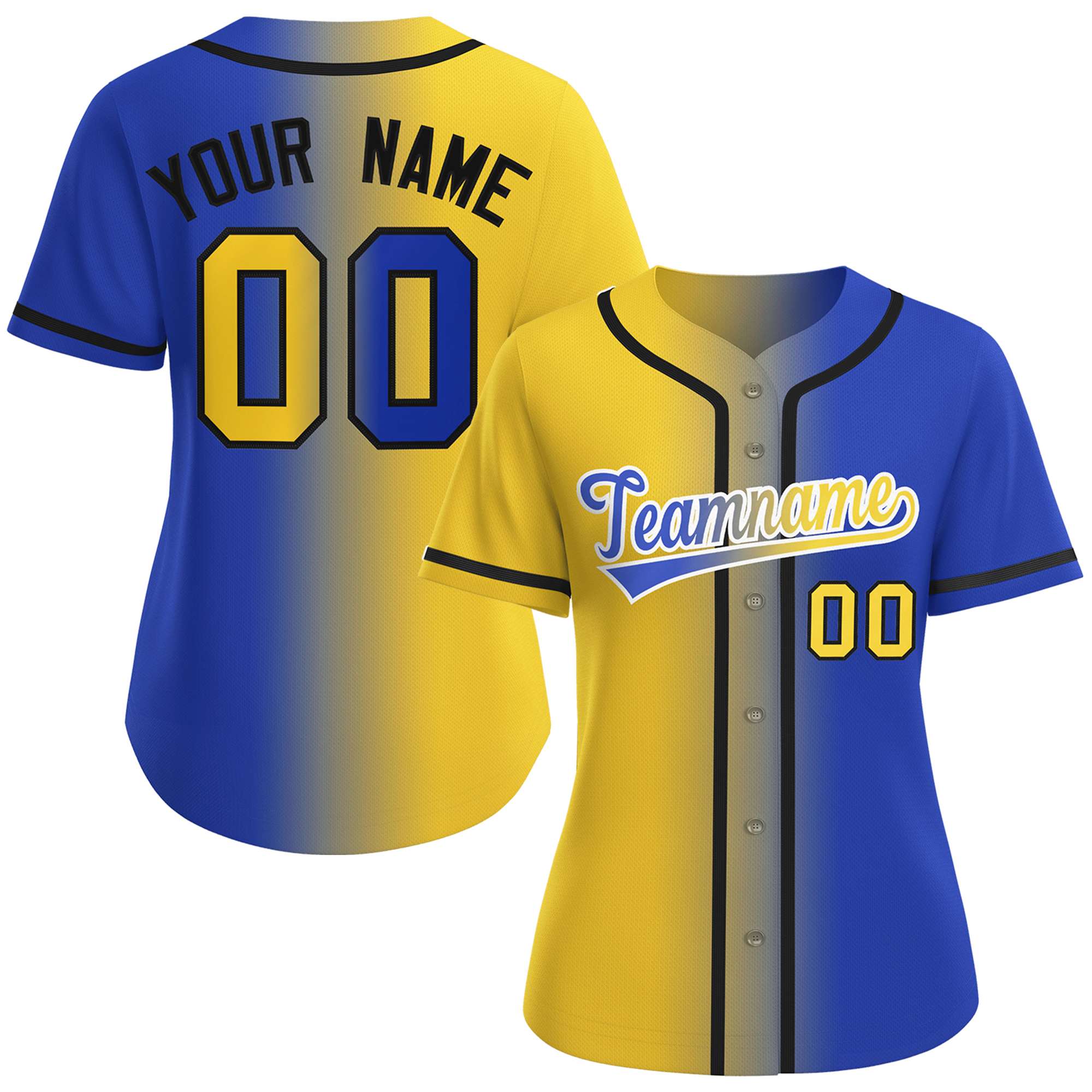 Maillot de baseball personnalisé à la mode, dégradé Royal-blanc doré, pour femmes