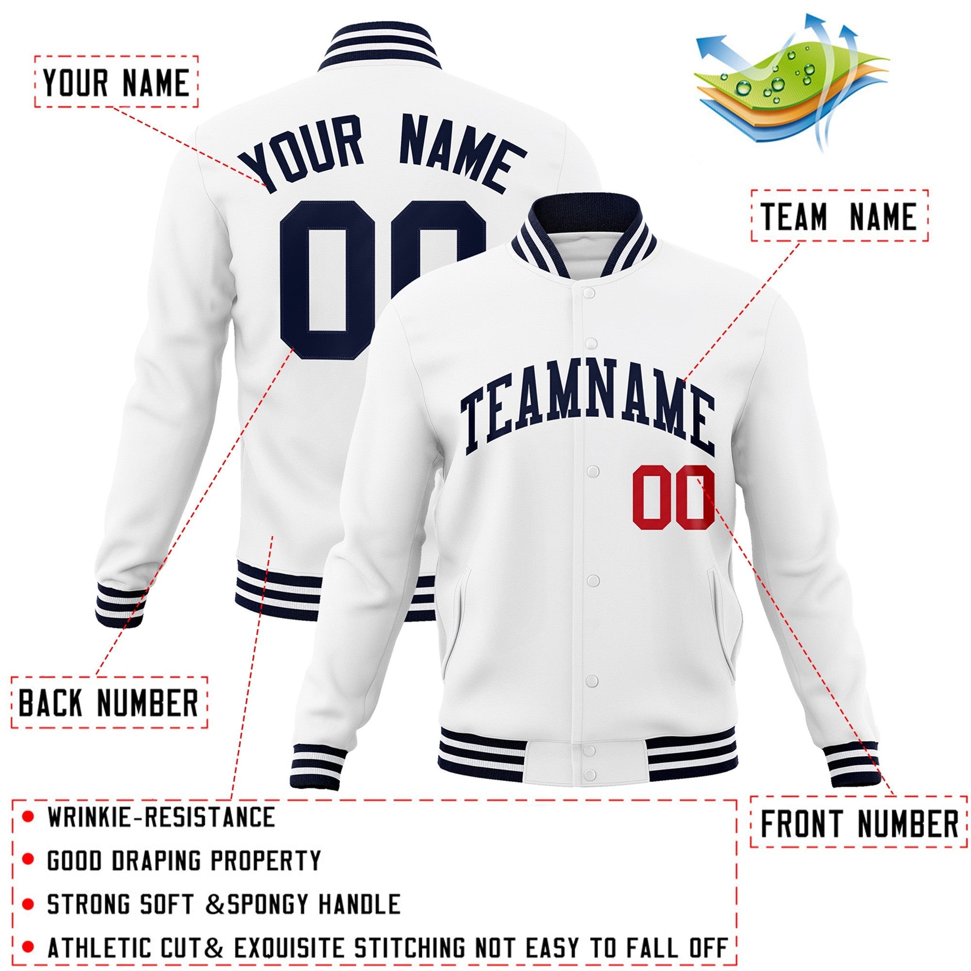 Custom White Navy Classic Style Varsity Full-Snap Letterman Jacket