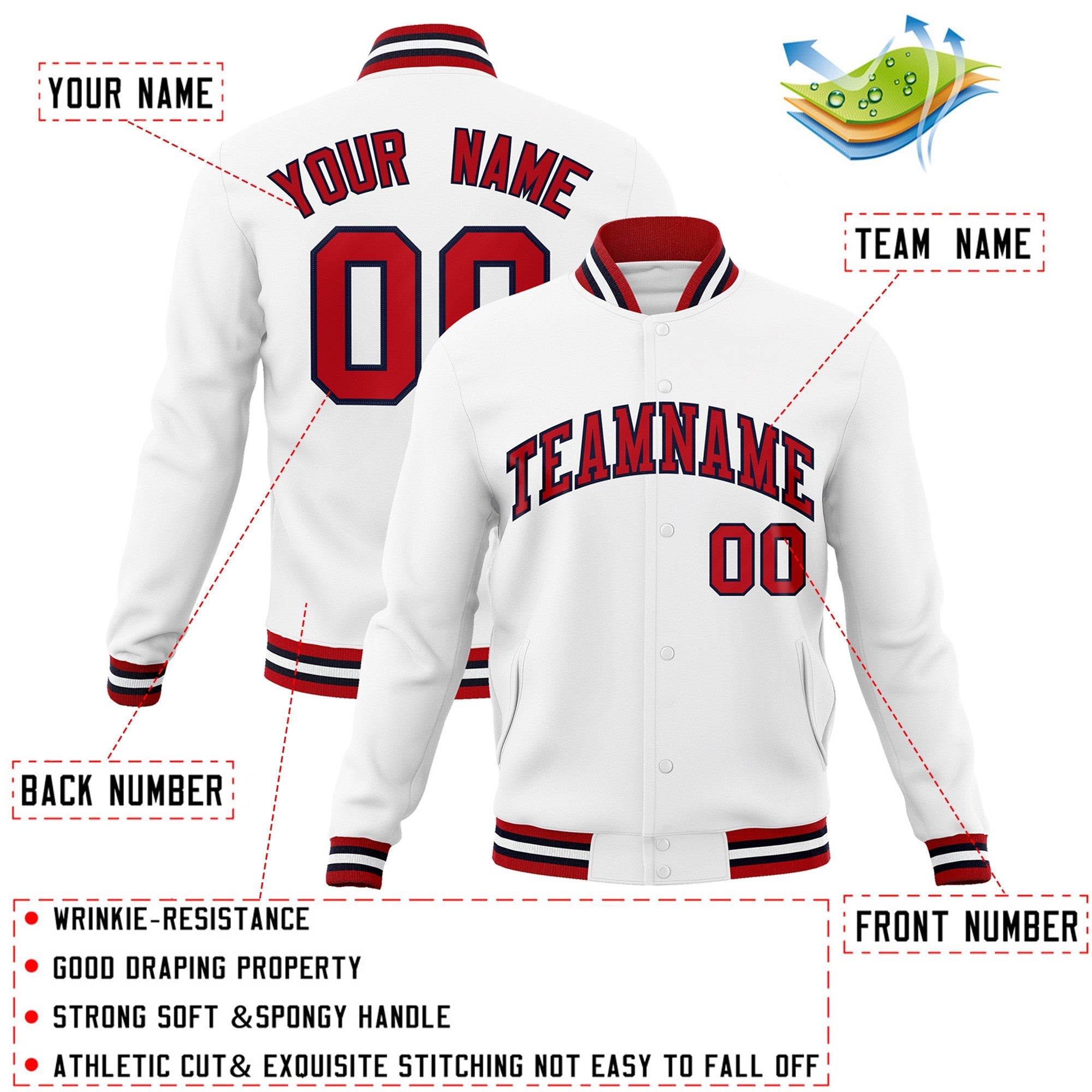 Custom White Red-Navy Classic Style Varsity Full-Snap Letterman Jacket