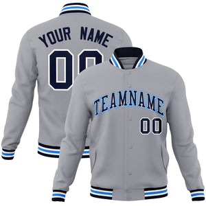 Custom Gray Navy-White Classic Style Varsity Full-Snap Letterman Jacket