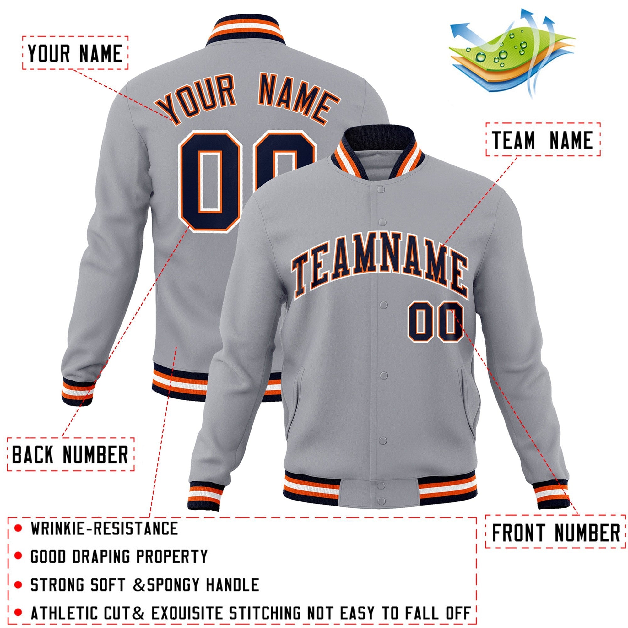 Custom Gray Navy-Orange Classic Style Varsity Full-Snap Letterman Jacket