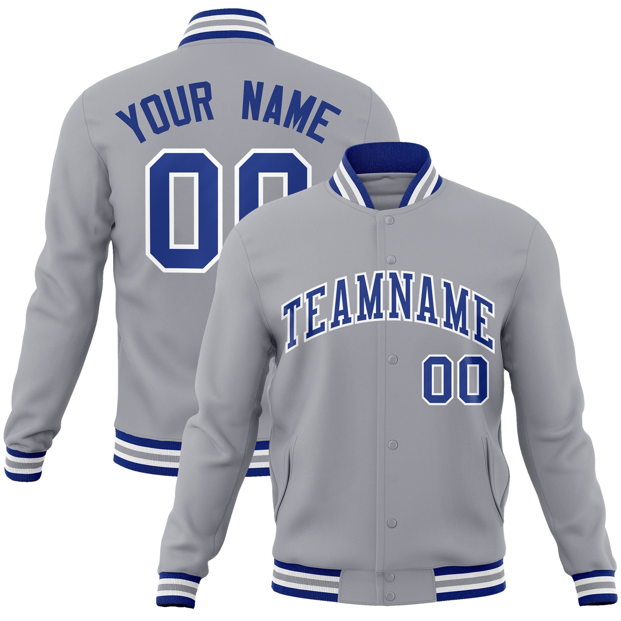 Custom Gray Royal-White Classic Style Varsity Full-Snap Letterman Jacket