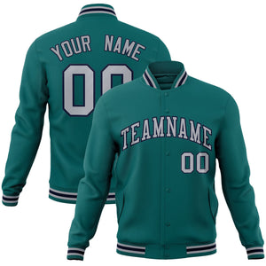 Custom Aqua Gray-Navy Classic Style Varsity Full-Snap Letterman Jacket