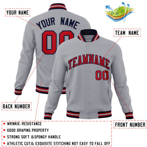 Custom Gray Red-Navy Classic Style Varsity Full-Snap Letterman Jacket