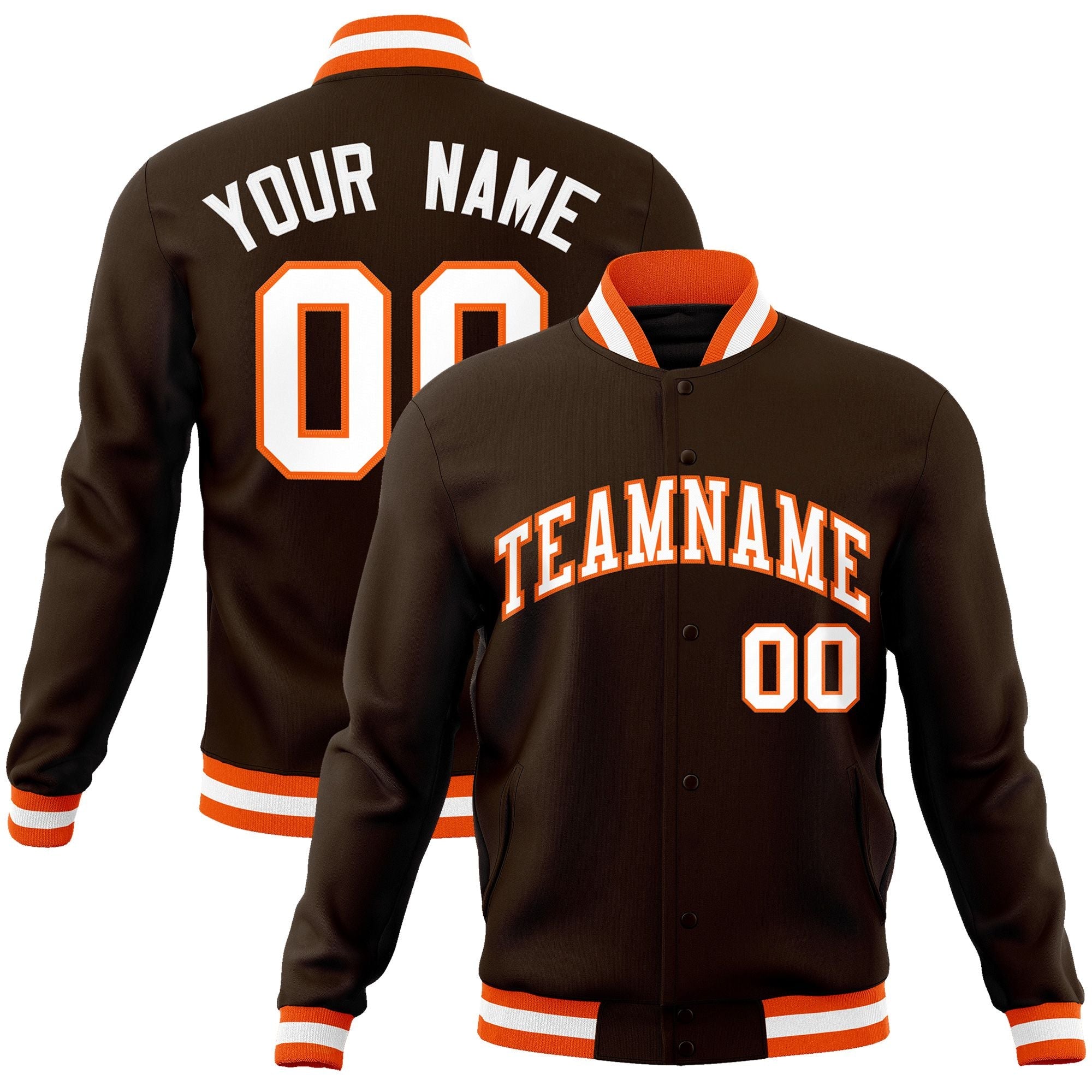 Custom Brown White-Orange Classic Style Varsity Full-Snap Letterman Jacket