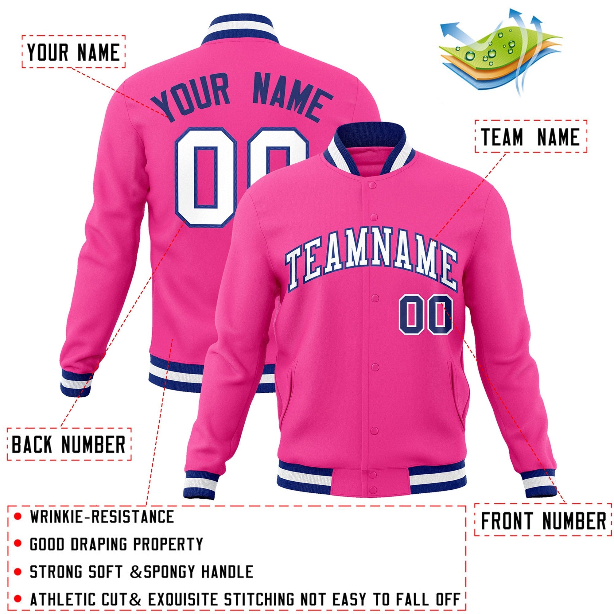 Custom Pink White-Royal Classic Style Varsity Full-Snap Letterman Jacket