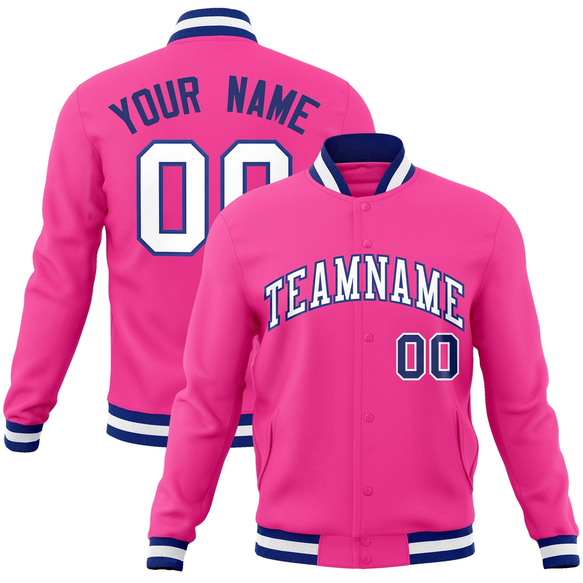 Custom Pink White-Royal Classic Style Varsity Full-Snap Letterman Jacket