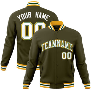 Custom Olive White-Green Classic Style Varsity Full-Snap Letterman Jacket