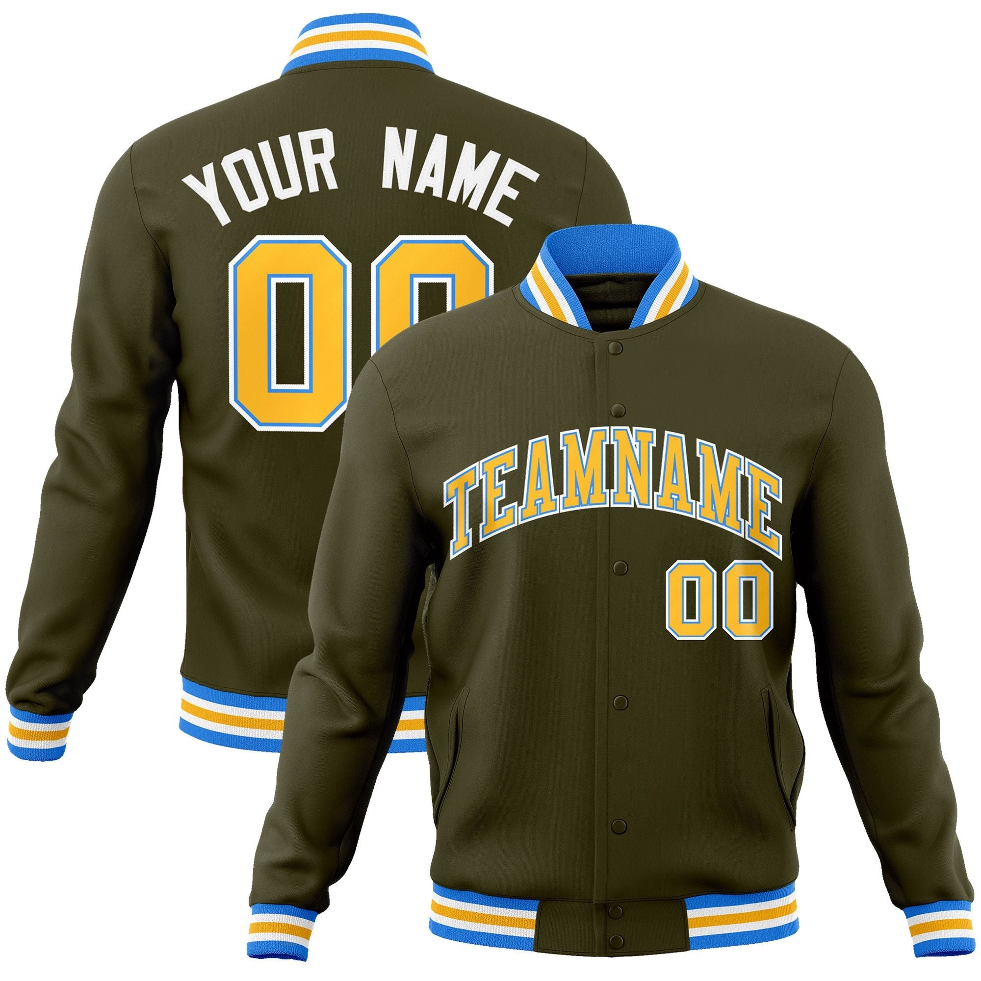 Custom Olive Yellow-Powder Blue Classic Style Varsity Full-Snap Letterman Jacket