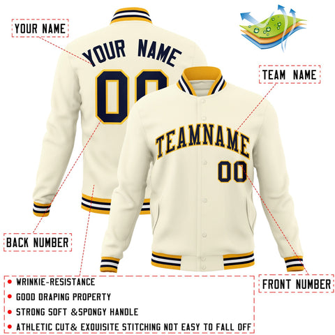 Custom Khaki Navy-Yellow Classic Style Varsity Full-Snap Letterman Jacket