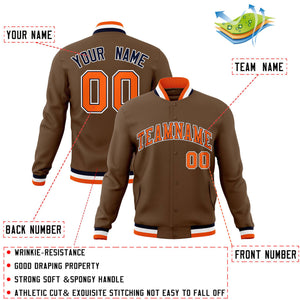 Custom Light Brown Orange-Navy Classic Style Varsity Full-Snap Letterman Jacket