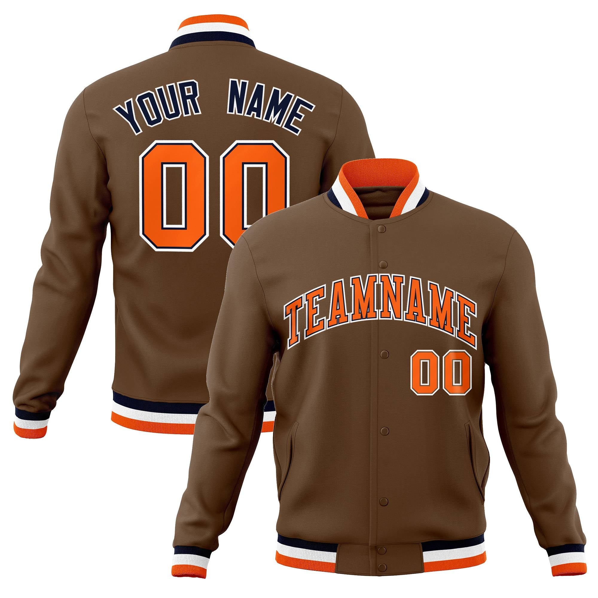 Custom Light Brown Orange-Navy Classic Style Varsity Full-Snap Letterman Jacket