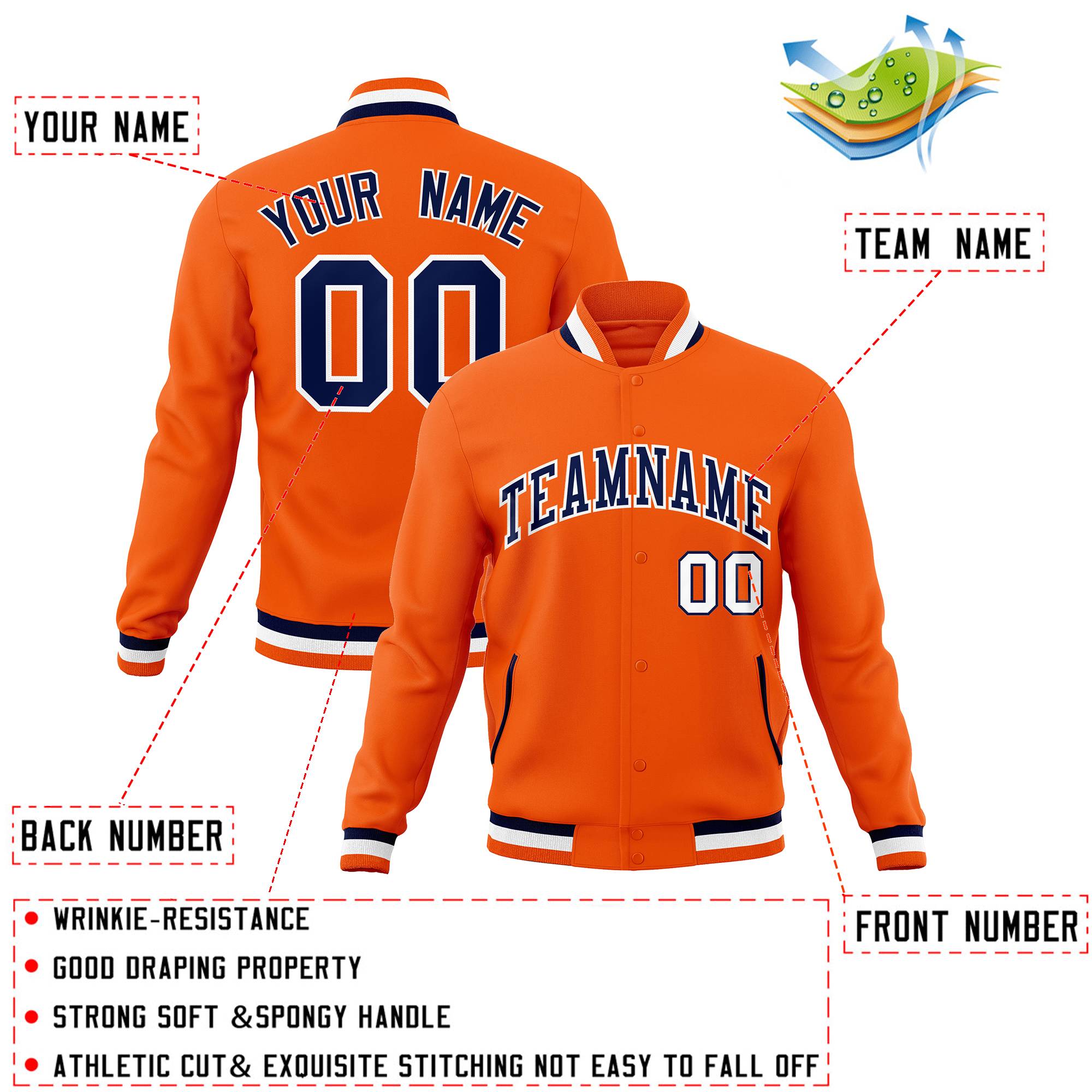 Custom Orange Navy-White Classic Style Varsity Full-Snap Letterman Jacket