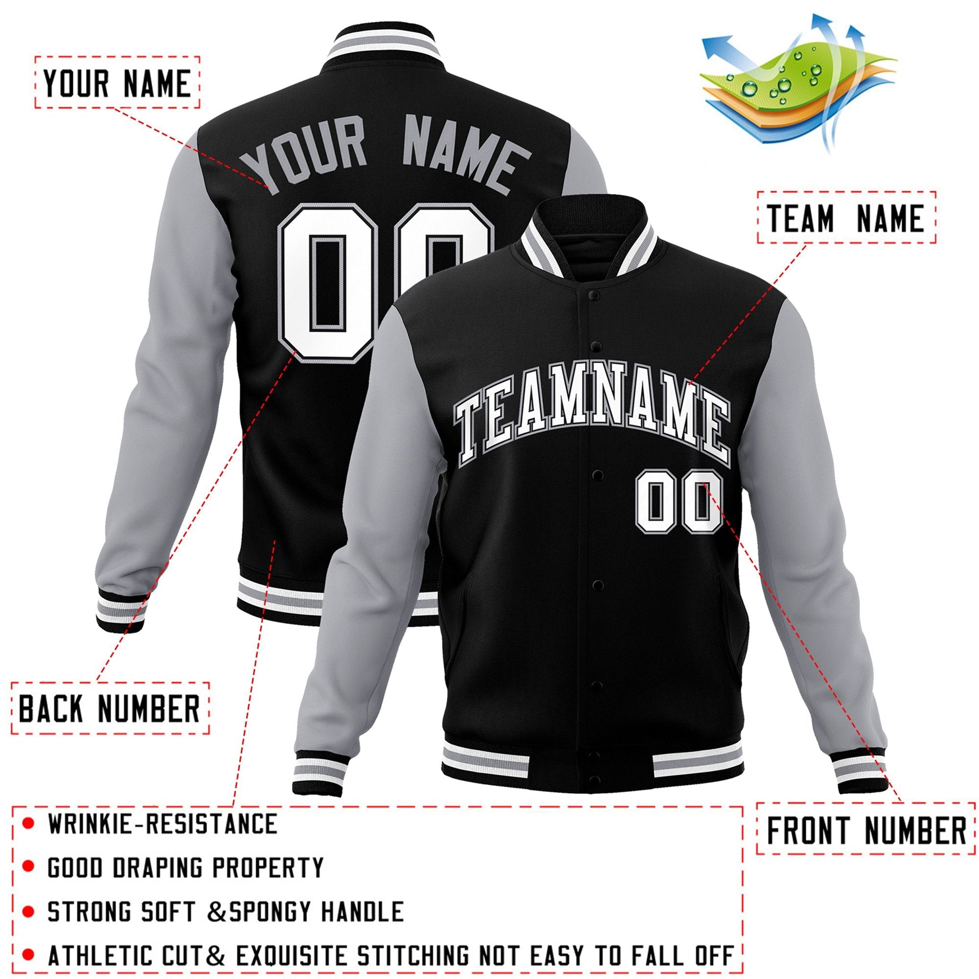 Custom Black White-Black Raglan Sleeves Varsity Full-Snap Letterman Jacket