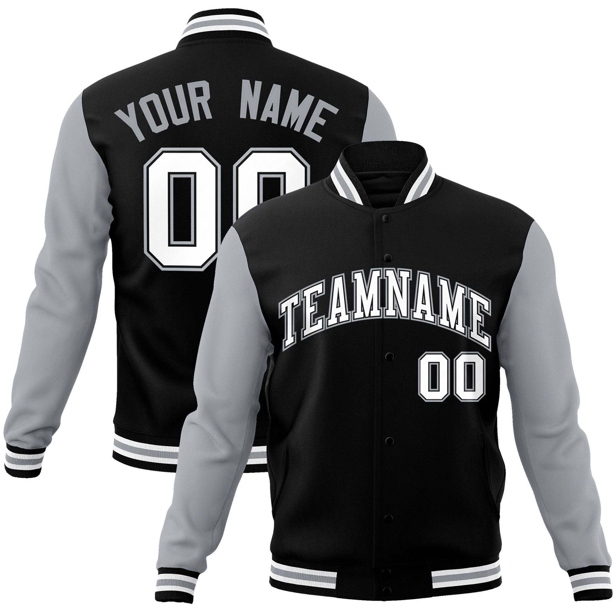 Custom Black White-Black Raglan Sleeves Varsity Full-Snap Letterman Jacket