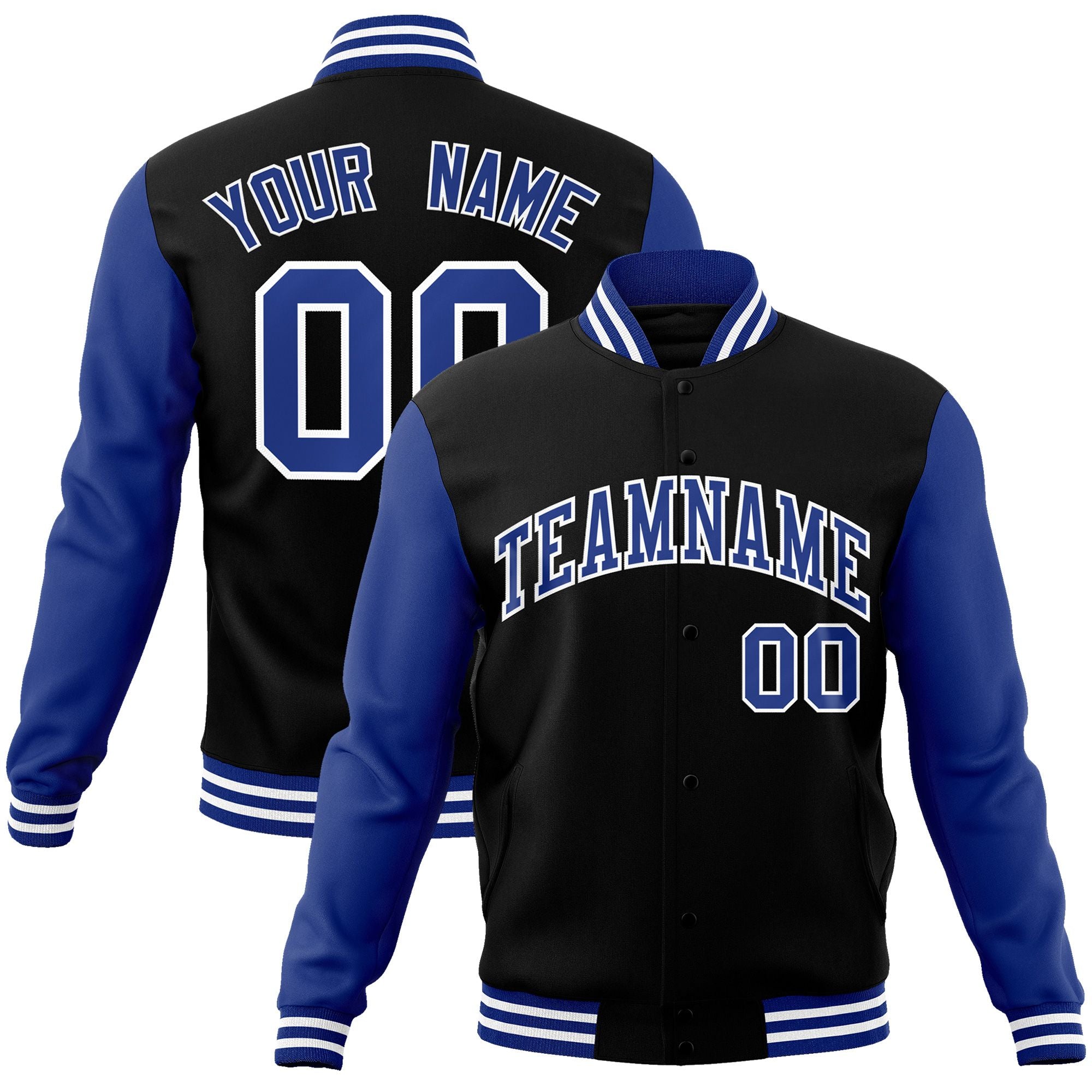 Custom Black Royal-White Raglan Sleeves Varsity Full-Snap Letterman Jacket