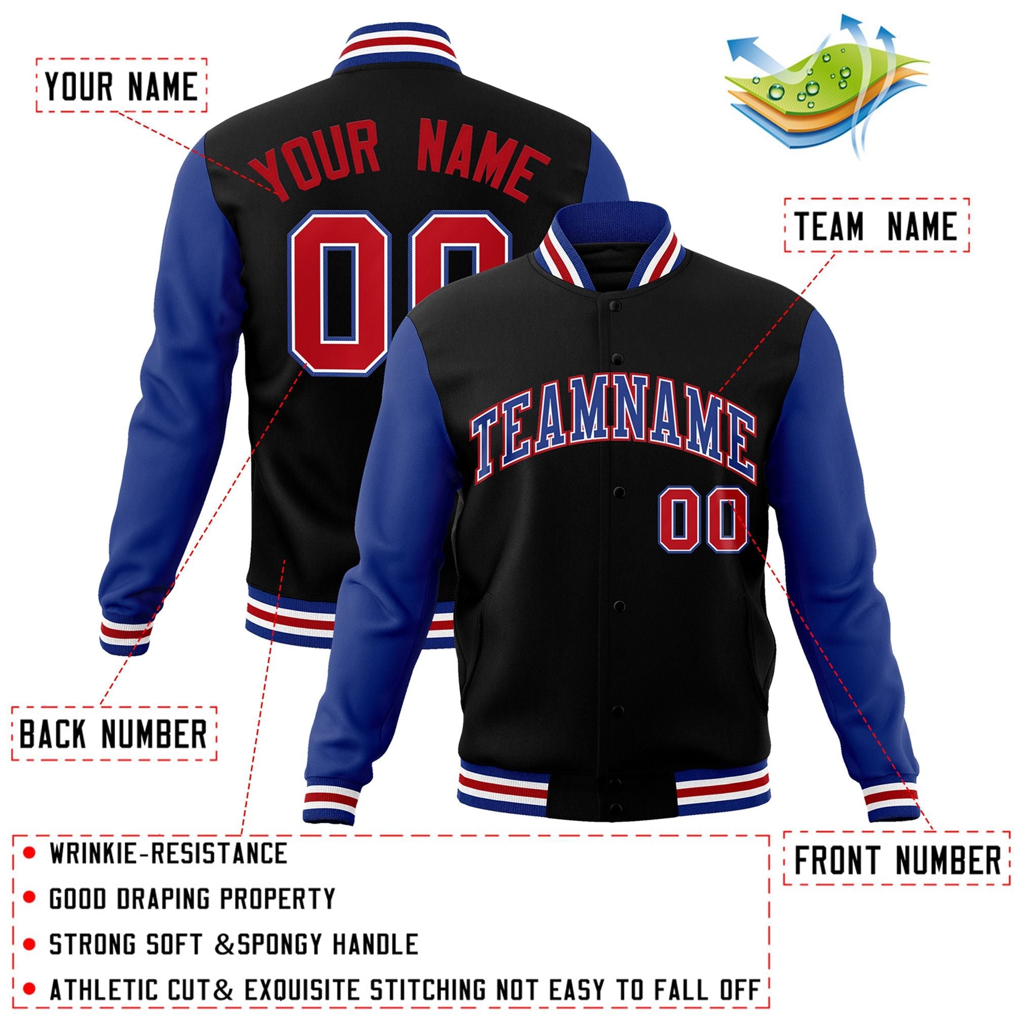 Custom Black Royal-White Raglan Sleeves Varsity Full-Snap Letterman Jacket