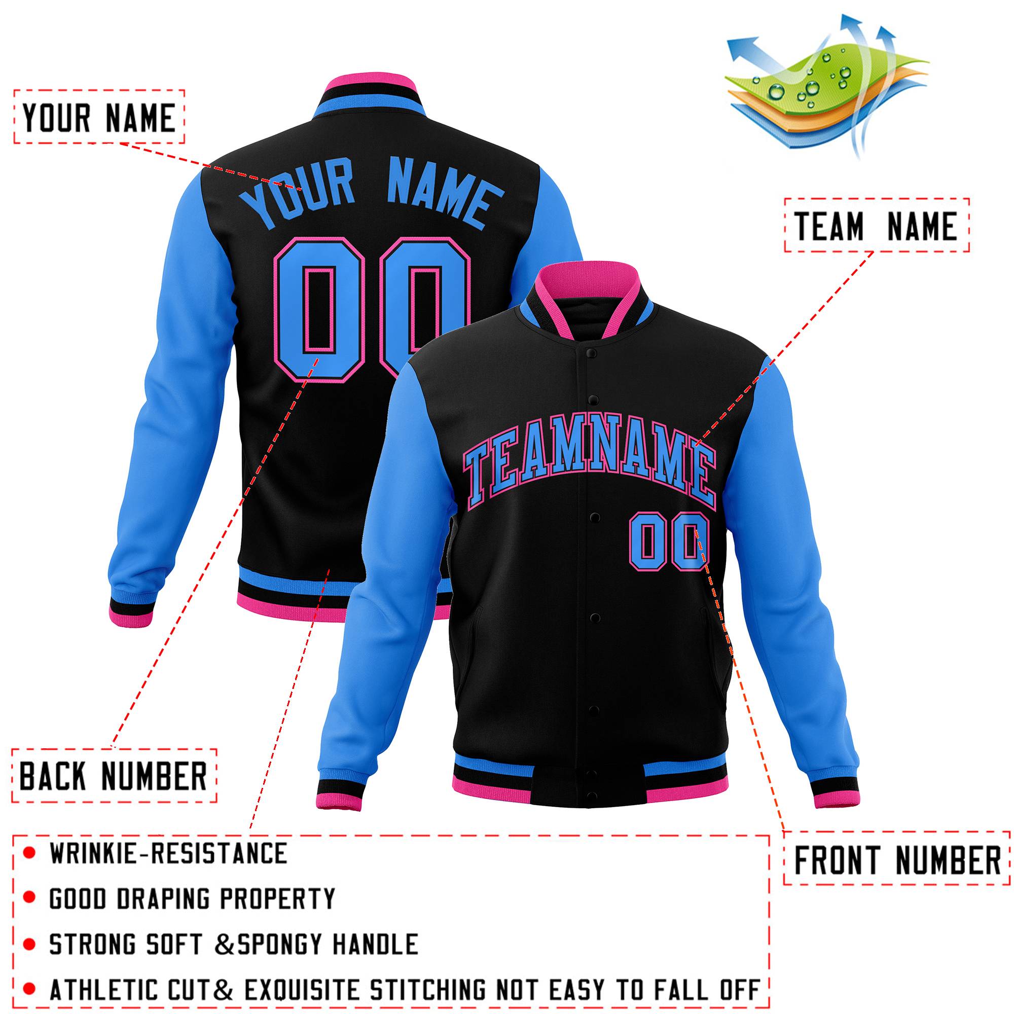 Custom Black Powder Blue-Black Raglan Sleeves Varsity Full-Snap Letterman Jacket