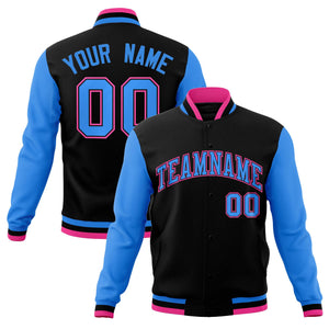 Custom Black Powder Blue-Black Raglan Sleeves Varsity Full-Snap Letterman Jacket