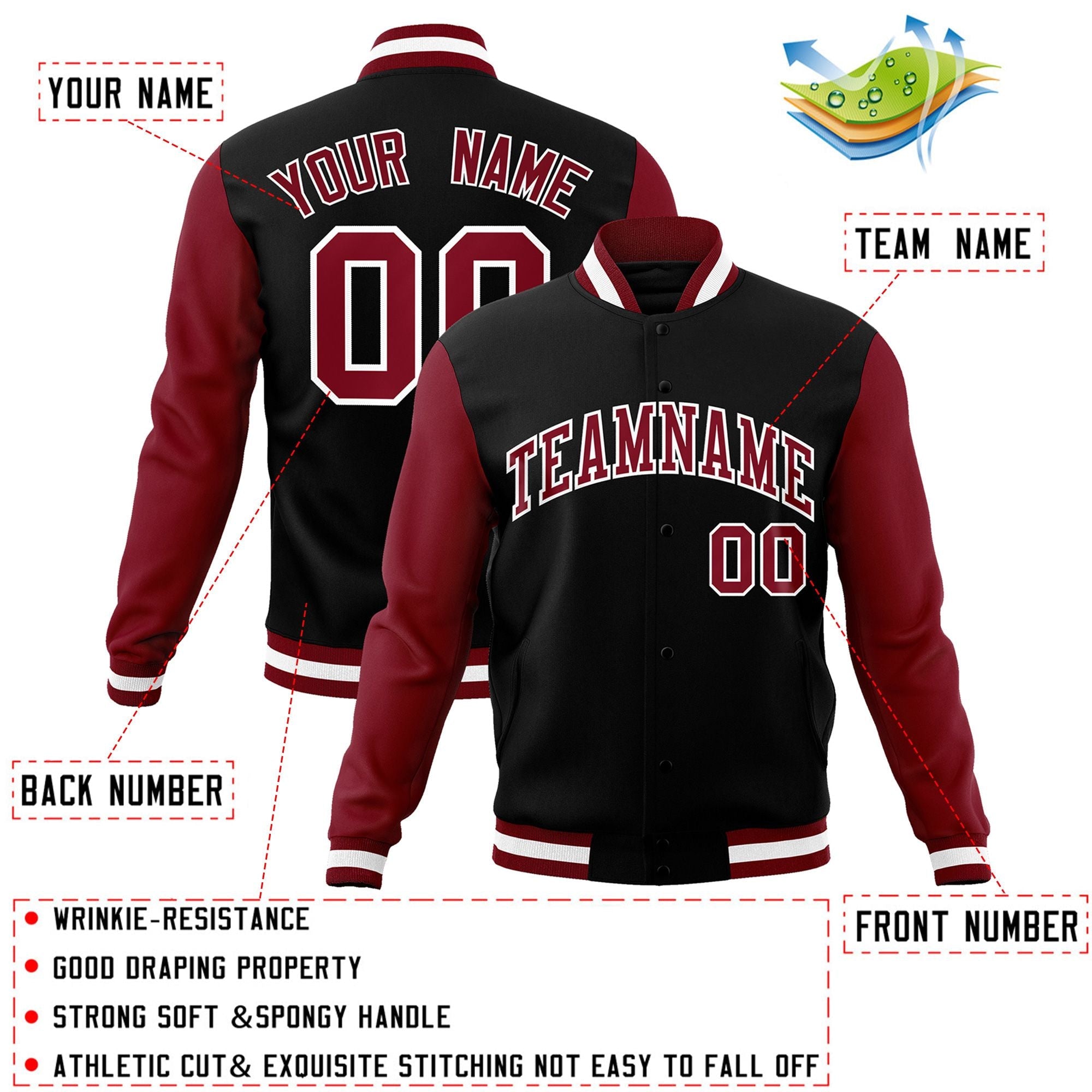 Custom Black Crimson-White Raglan Sleeves Varsity Full-Snap Letterman Jacket