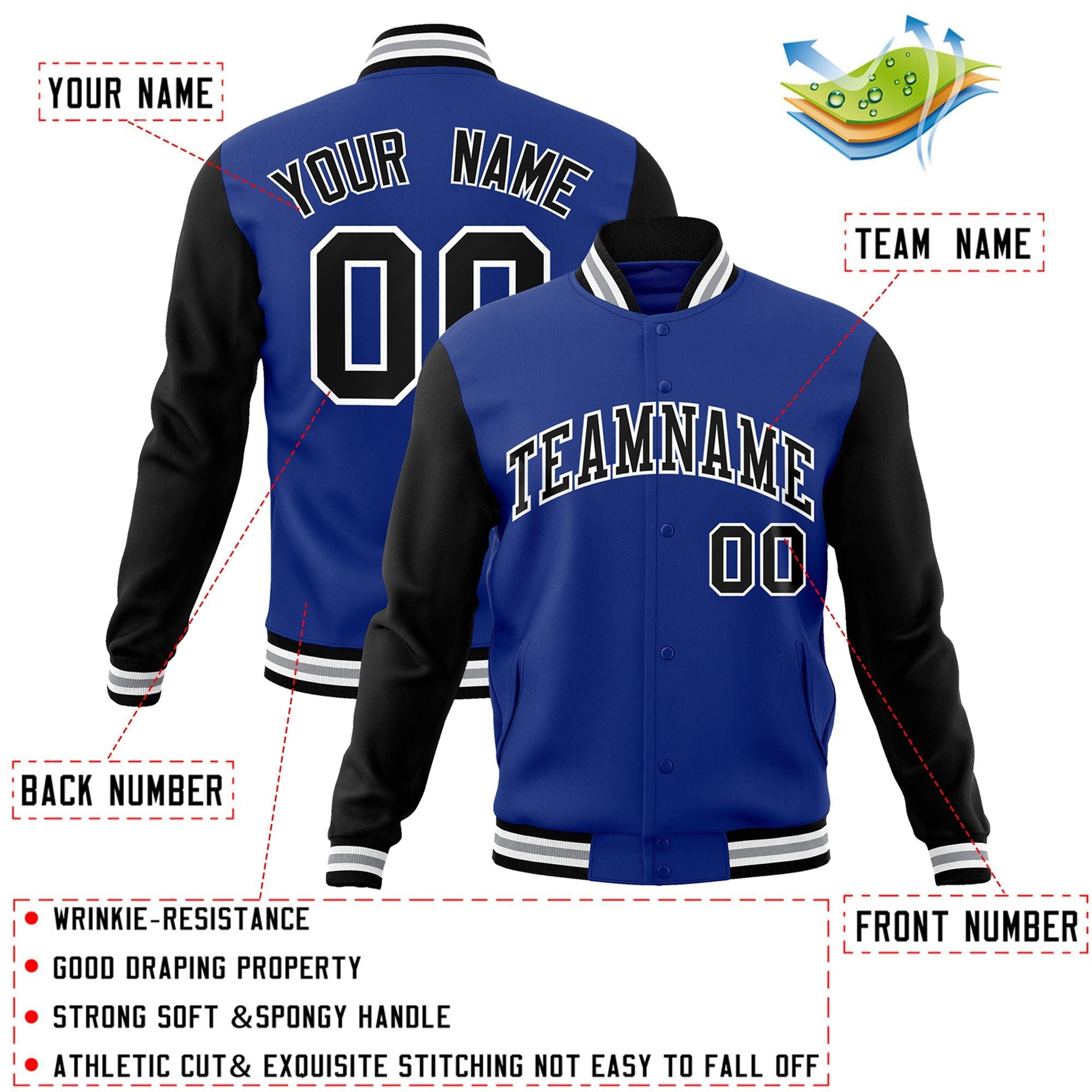 Veste Letterman Varsity Full-Snap Custom Royal Noir-Blanc à manches raglan