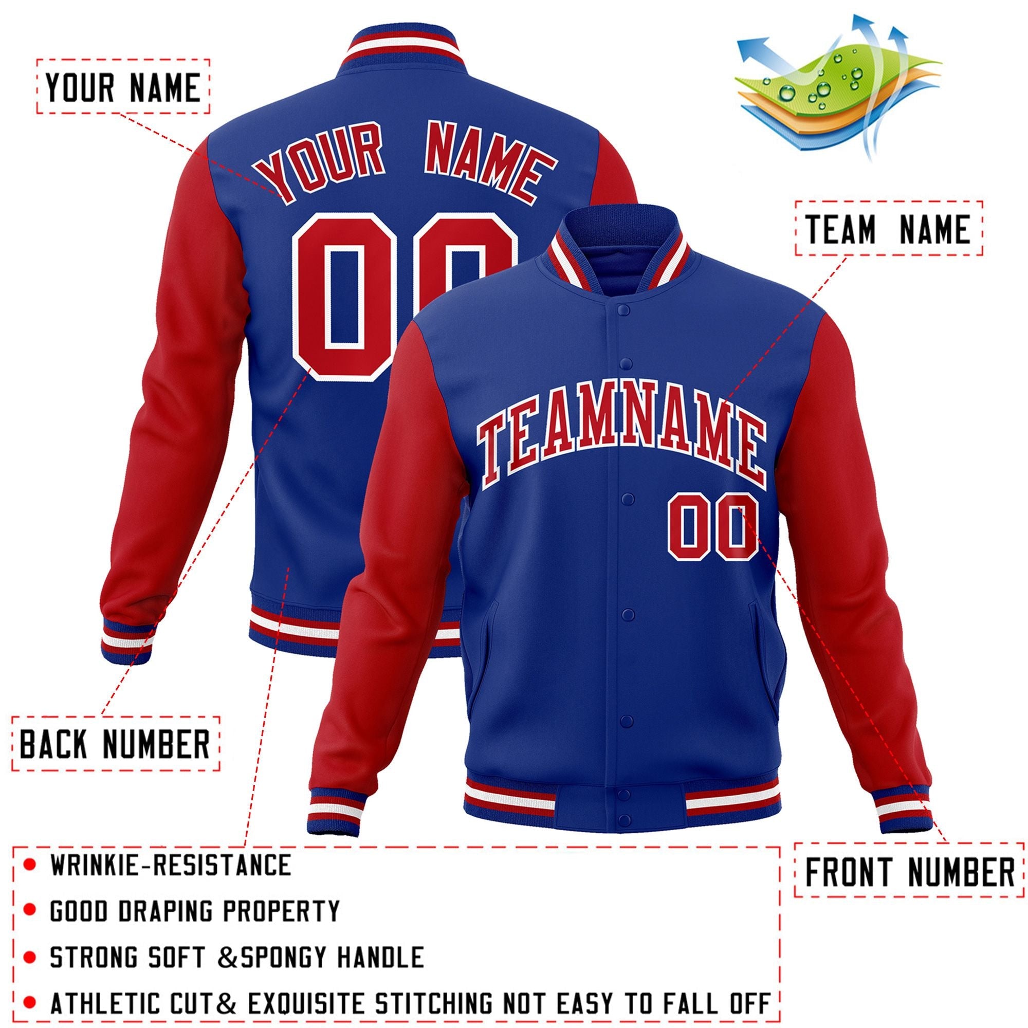 Veste Letterman Varsity Full-Snap à manches raglan personnalisées Royal Red-White