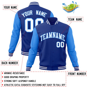 Custom Royal White-Powder Blue Raglan Sleeves Varsity Full-Snap Letterman Jacket