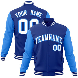 Custom Royal White-Powder Blue Raglan Sleeves Varsity Full-Snap Letterman Jacket