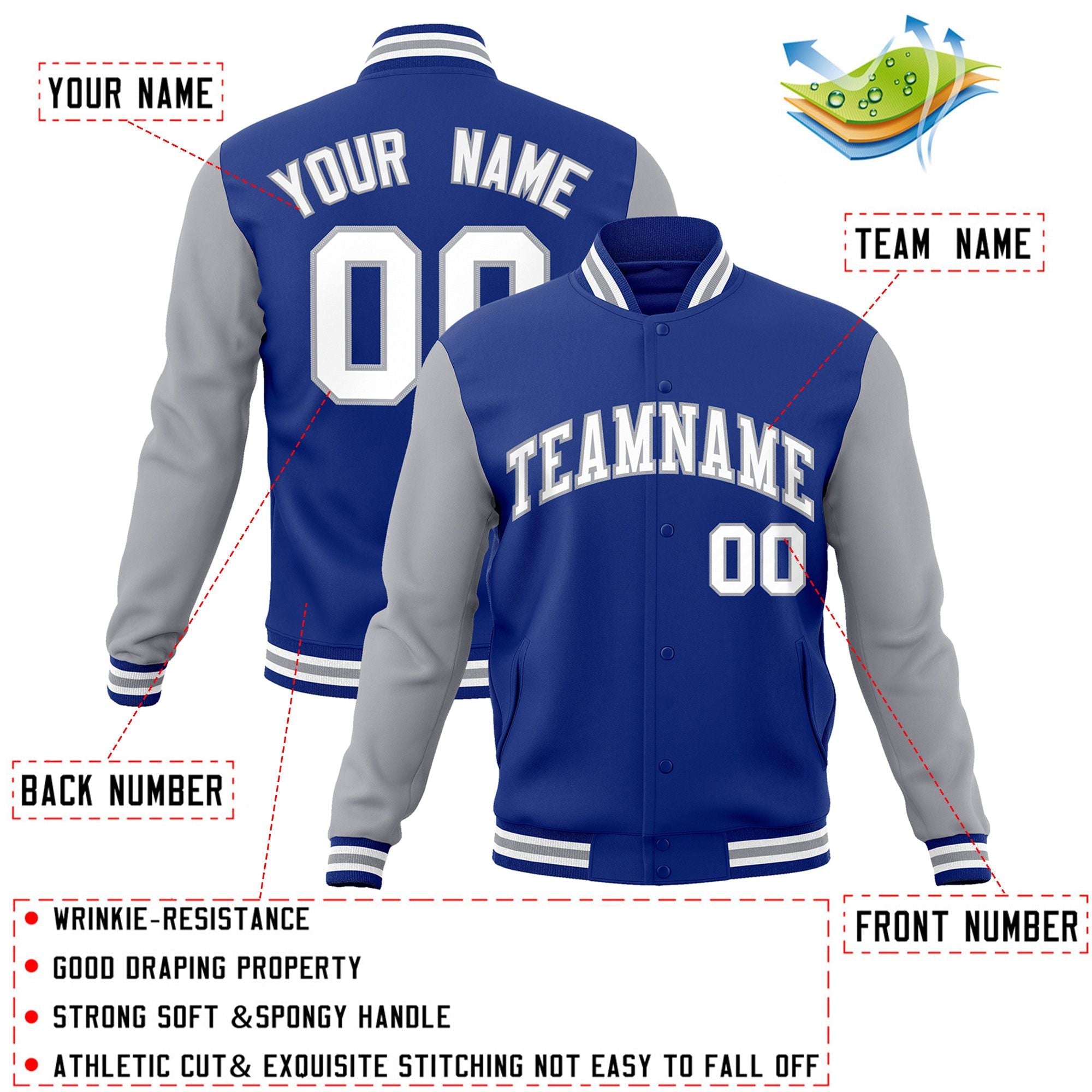 Veste Letterman Varsity Full-Snap personnalisée à manches raglan blanc-gris royal