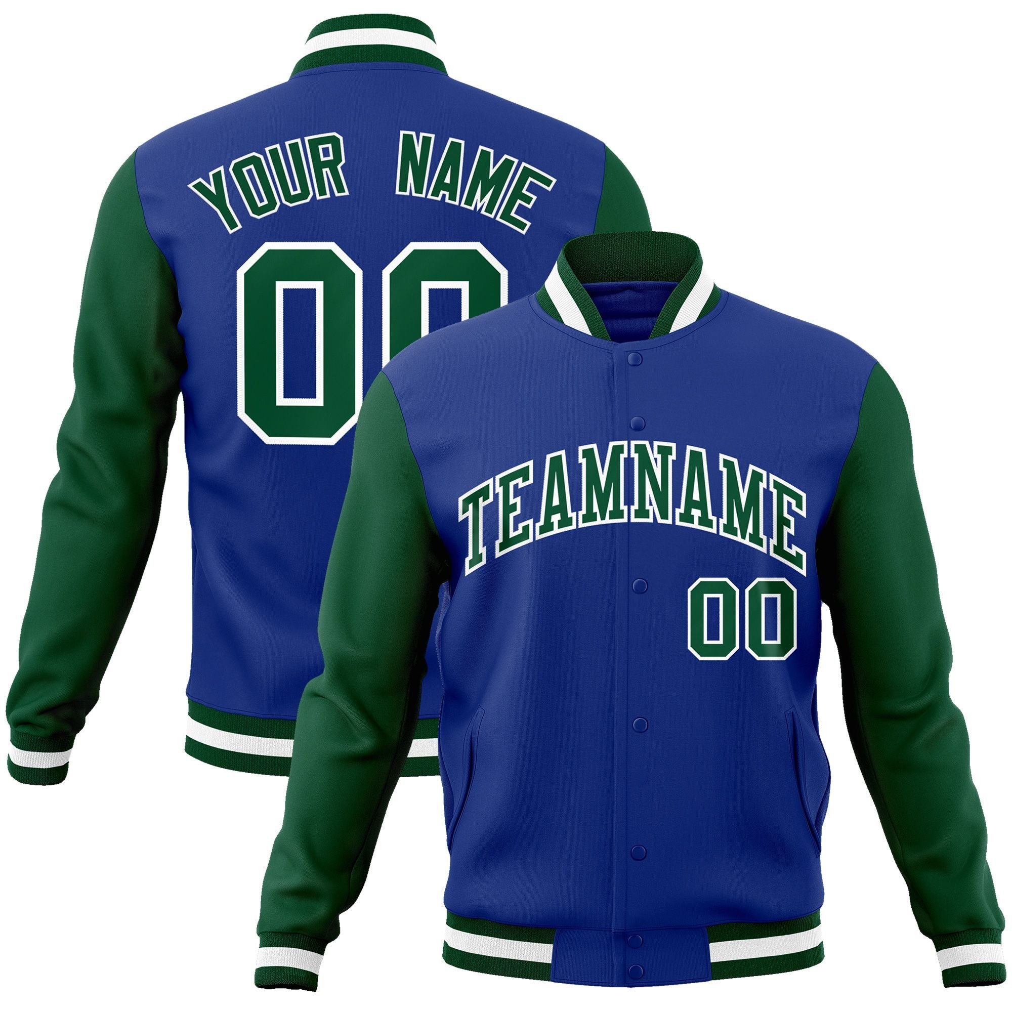 Custom Royal Green-White Raglan Sleeves Varsity Full-Snap Letterman Jacket