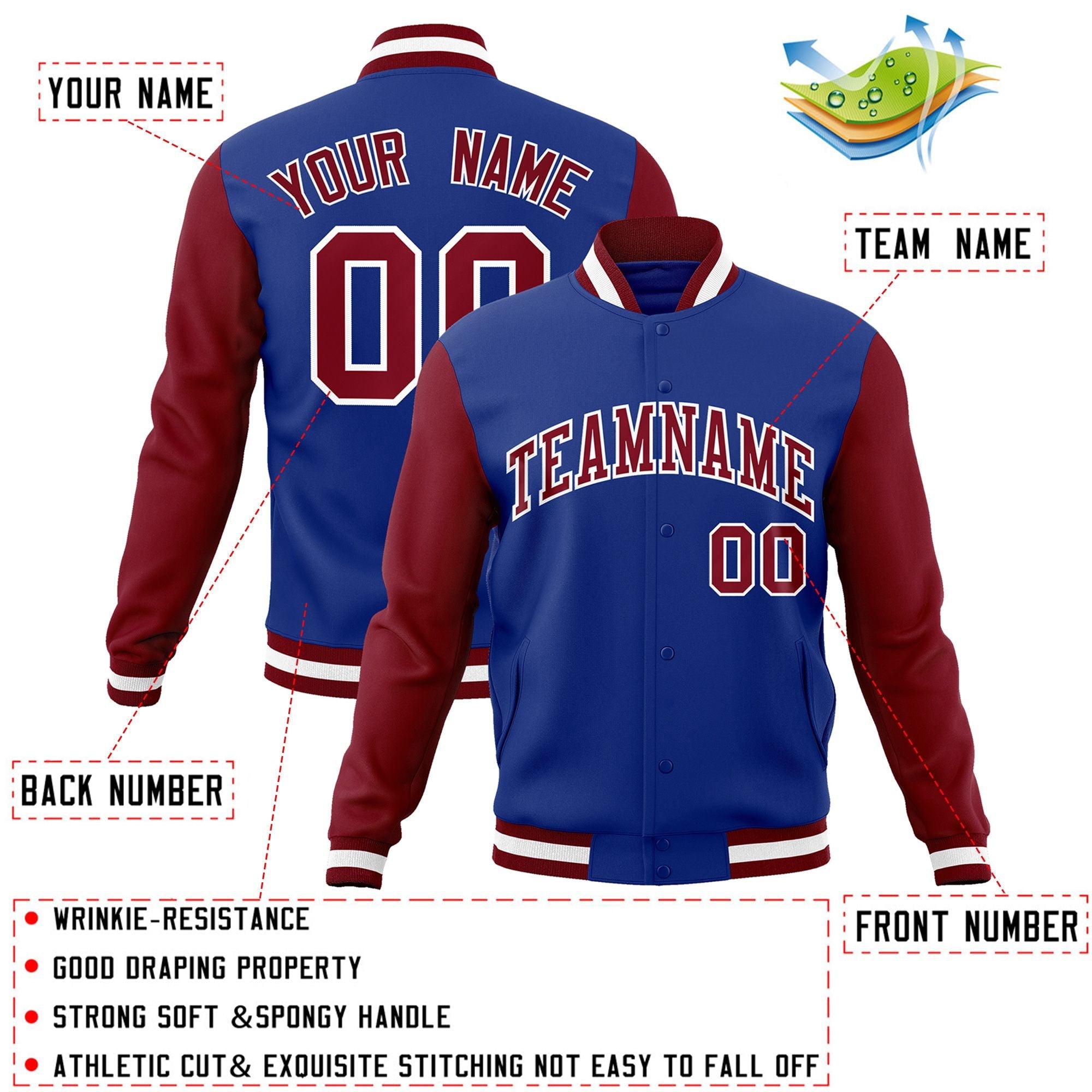 Custom Royal Crimson-White Raglan Sleeves Varsity Full-Snap Letterman Jacket