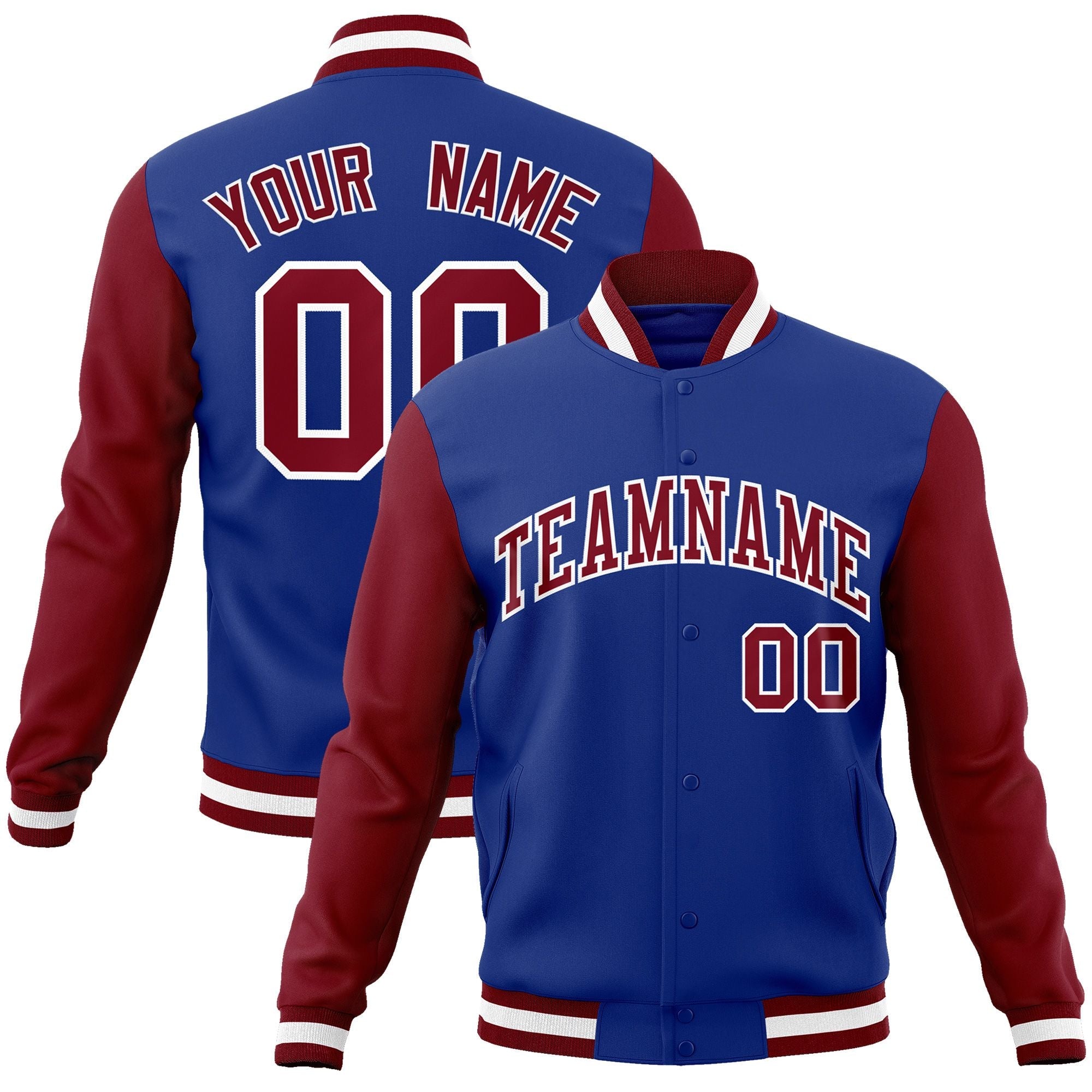 Custom Royal Crimson-White Raglan Sleeves Varsity Full-Snap Letterman Jacket