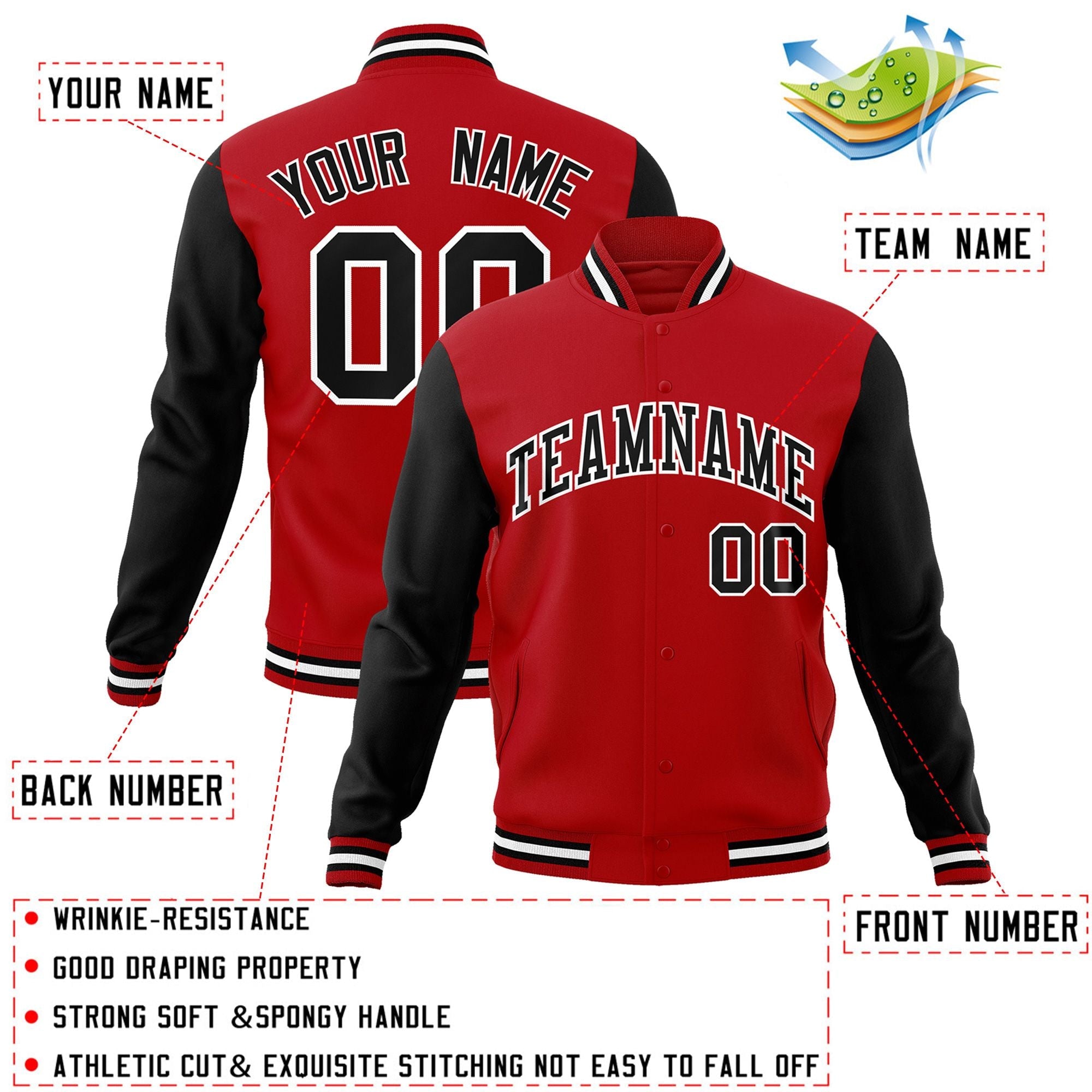 Veste Letterman Varsity Full-Snap à manches raglan rouge noir-blanc personnalisée