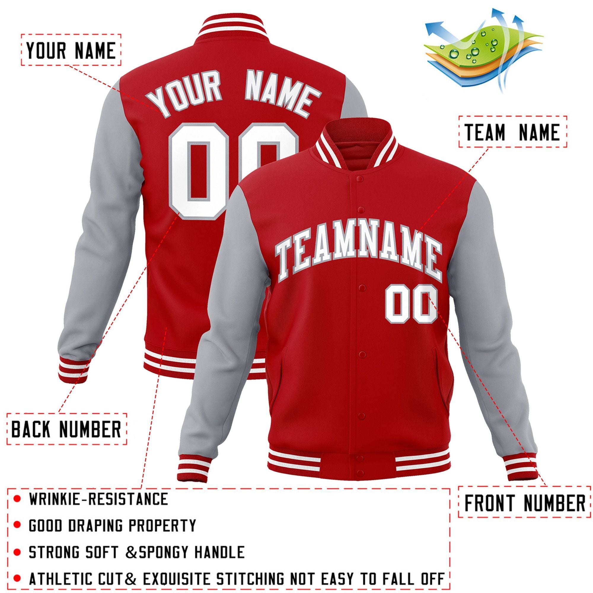 Custom Red White-Gray Raglan Sleeves Varsity Full-Snap Letterman Jacket