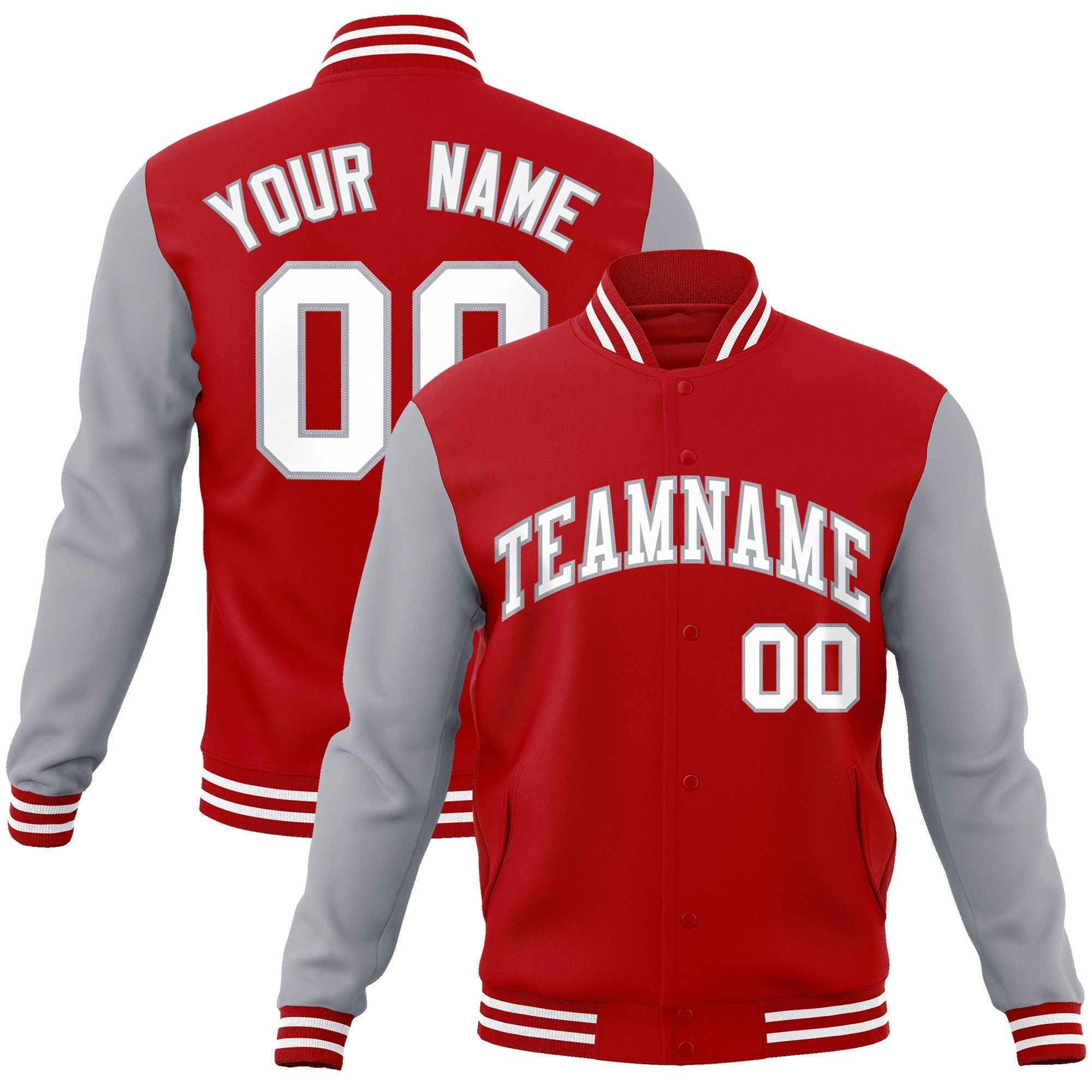 Custom Red White-Gray Raglan Sleeves Varsity Full-Snap Letterman Jacket