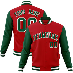 Veste Letterman Varsity Full-Snap à manches raglan personnalisées rouge vert-blanc