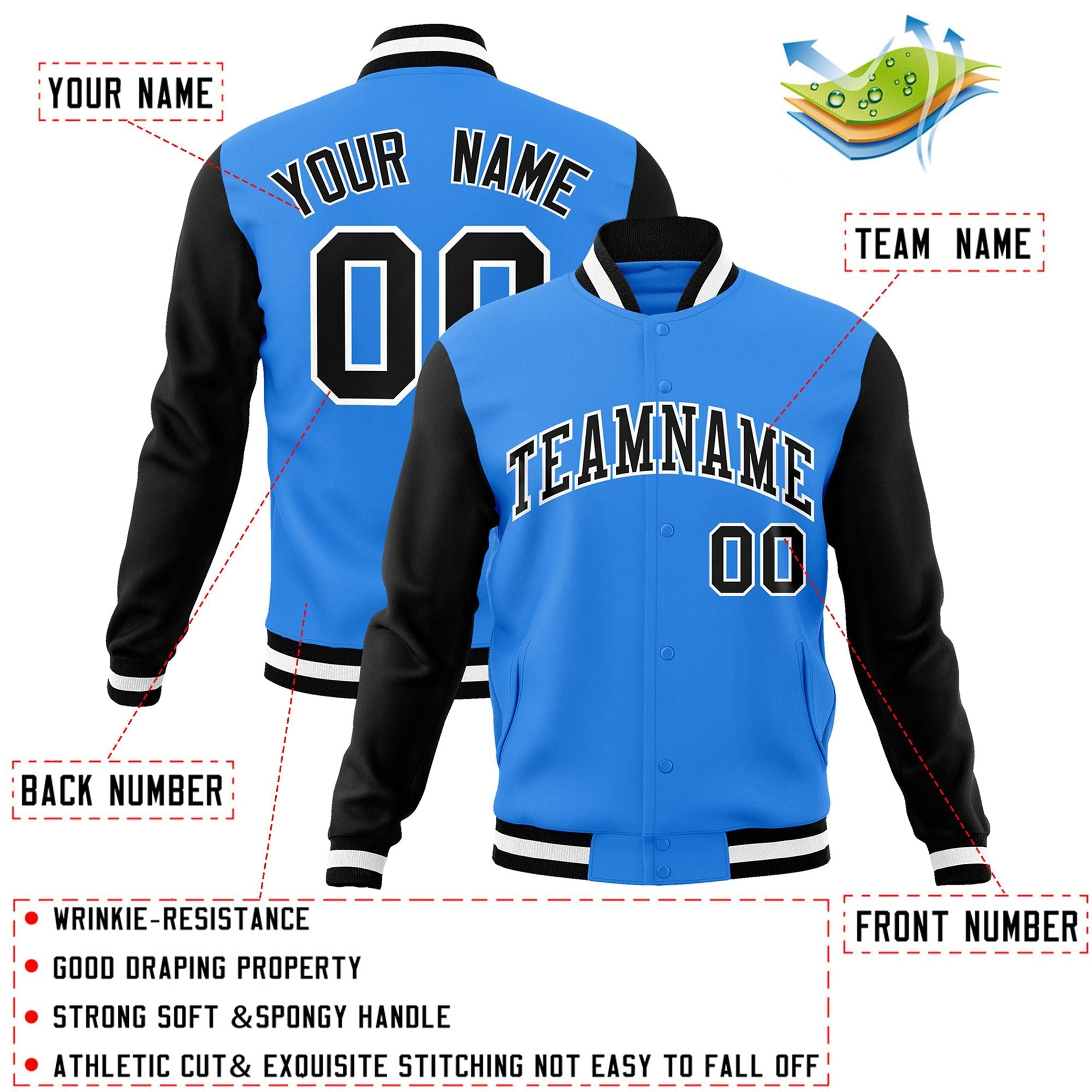 Custom Powder Blue Black-White Raglan Sleeves Varsity Full-Snap Letterman Jacket