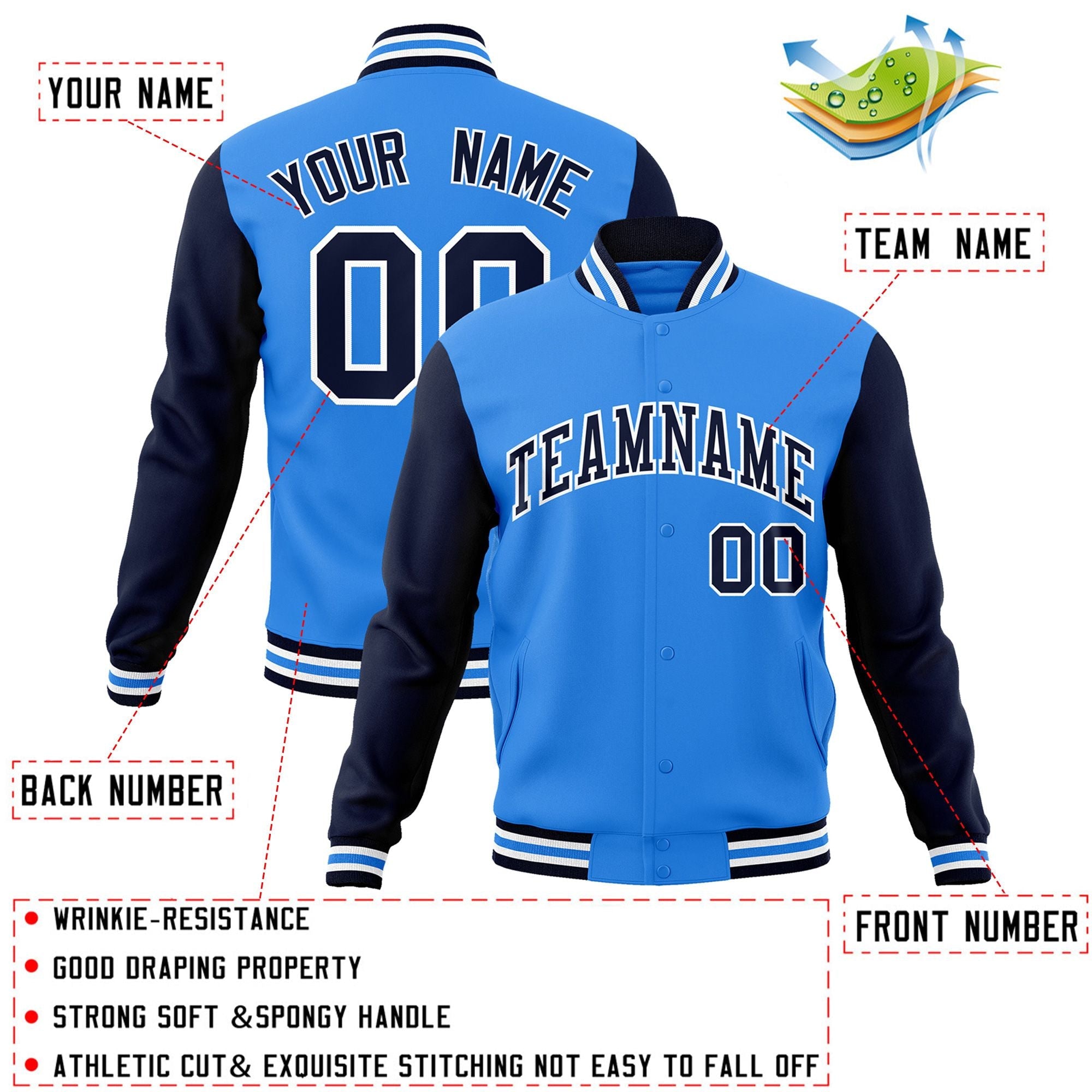 Custom Powder Blue Navy-White Raglan Sleeves Varsity Full-Snap Letterman Jacket